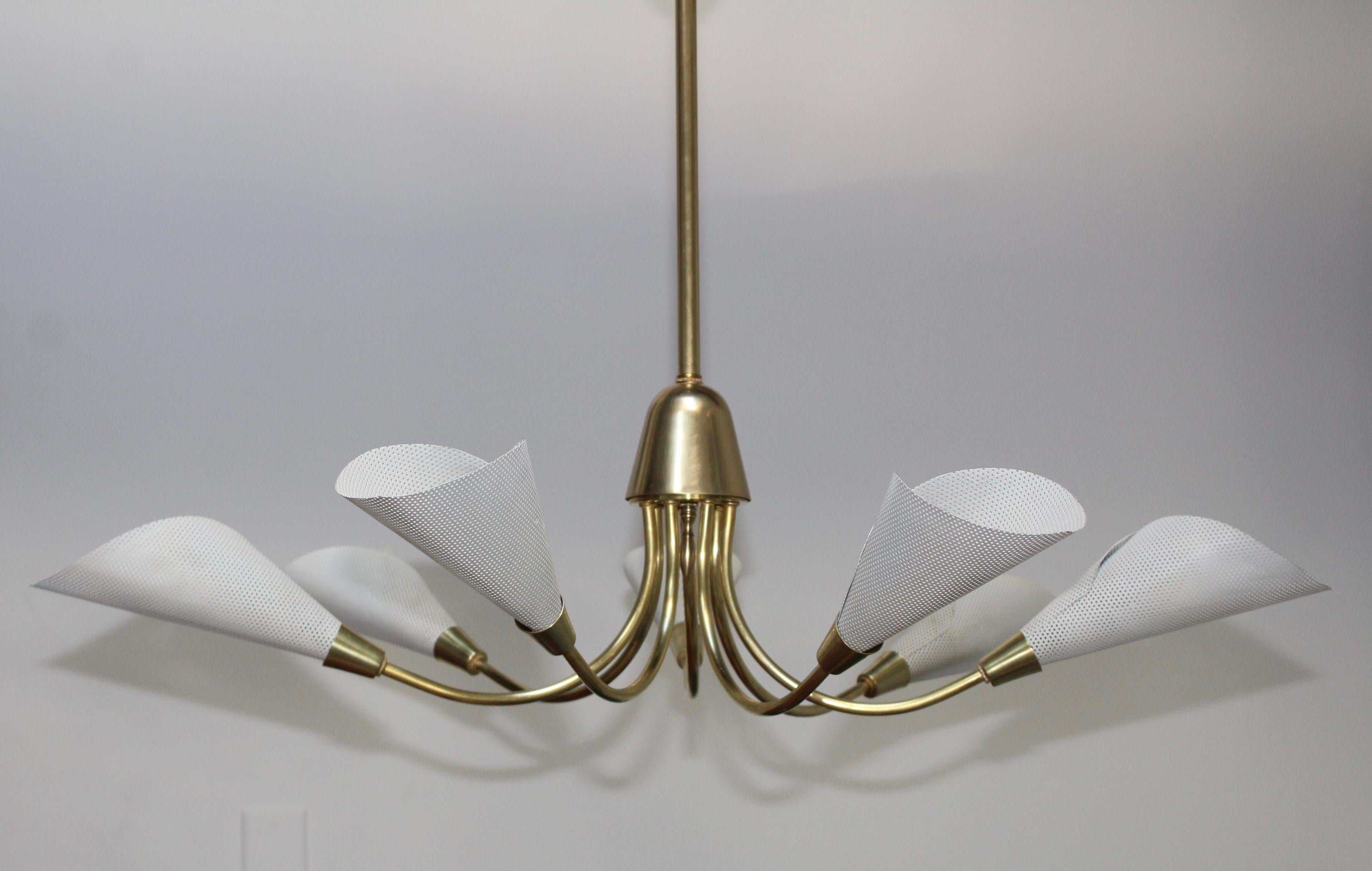 1960s Mid-Century Modern Perforated Shades and Brass French Chandelier For Sale 9