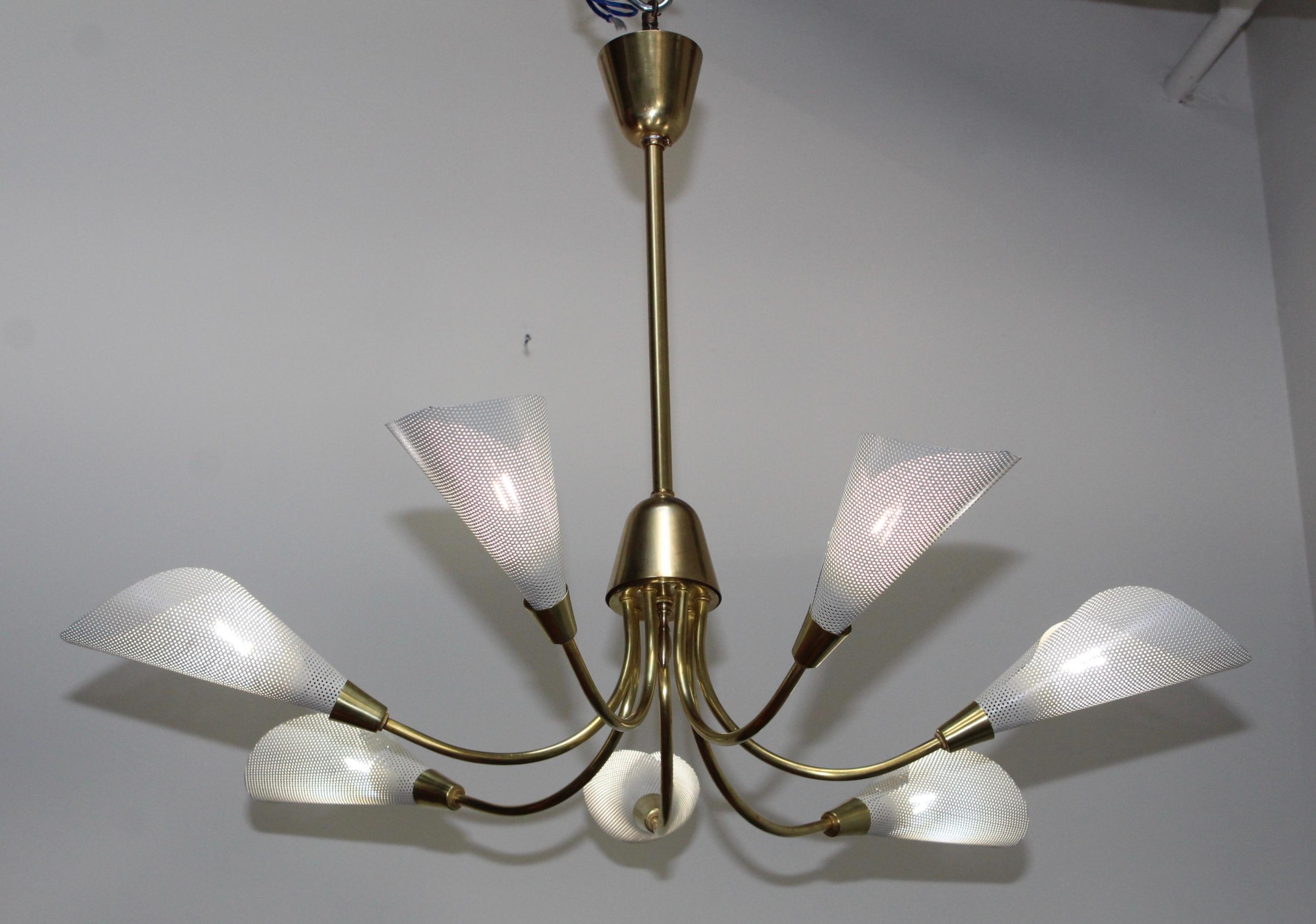 Mid-20th Century 1960s Mid-Century Modern Perforated Shades and Brass French Chandelier For Sale
