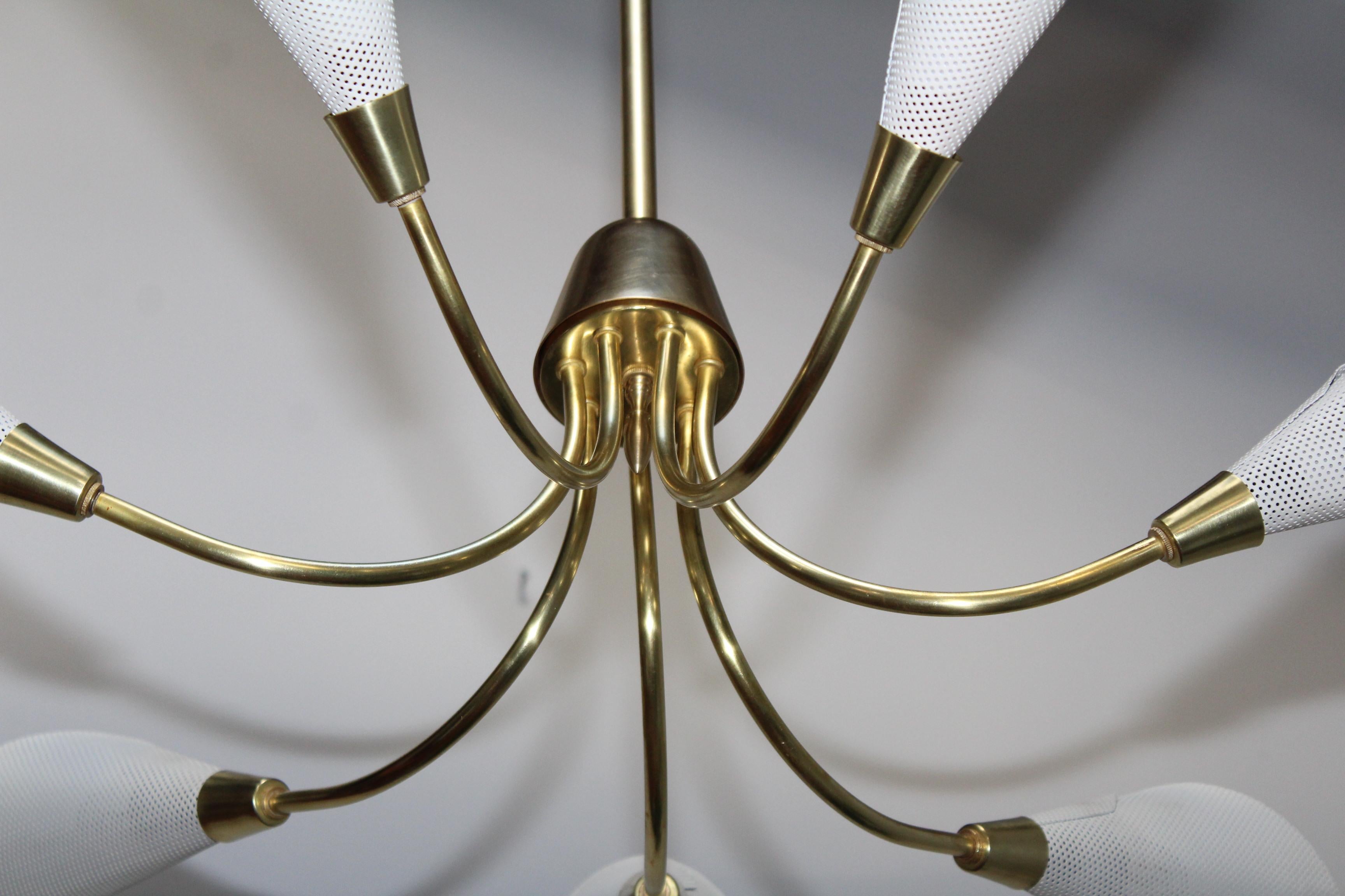 1960s Mid-Century Modern Perforated Shades and Brass French Chandelier For Sale 2