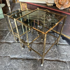 1960s Mid-Century Modern Set of Three Brass and Smoked Glass Nesting Tables