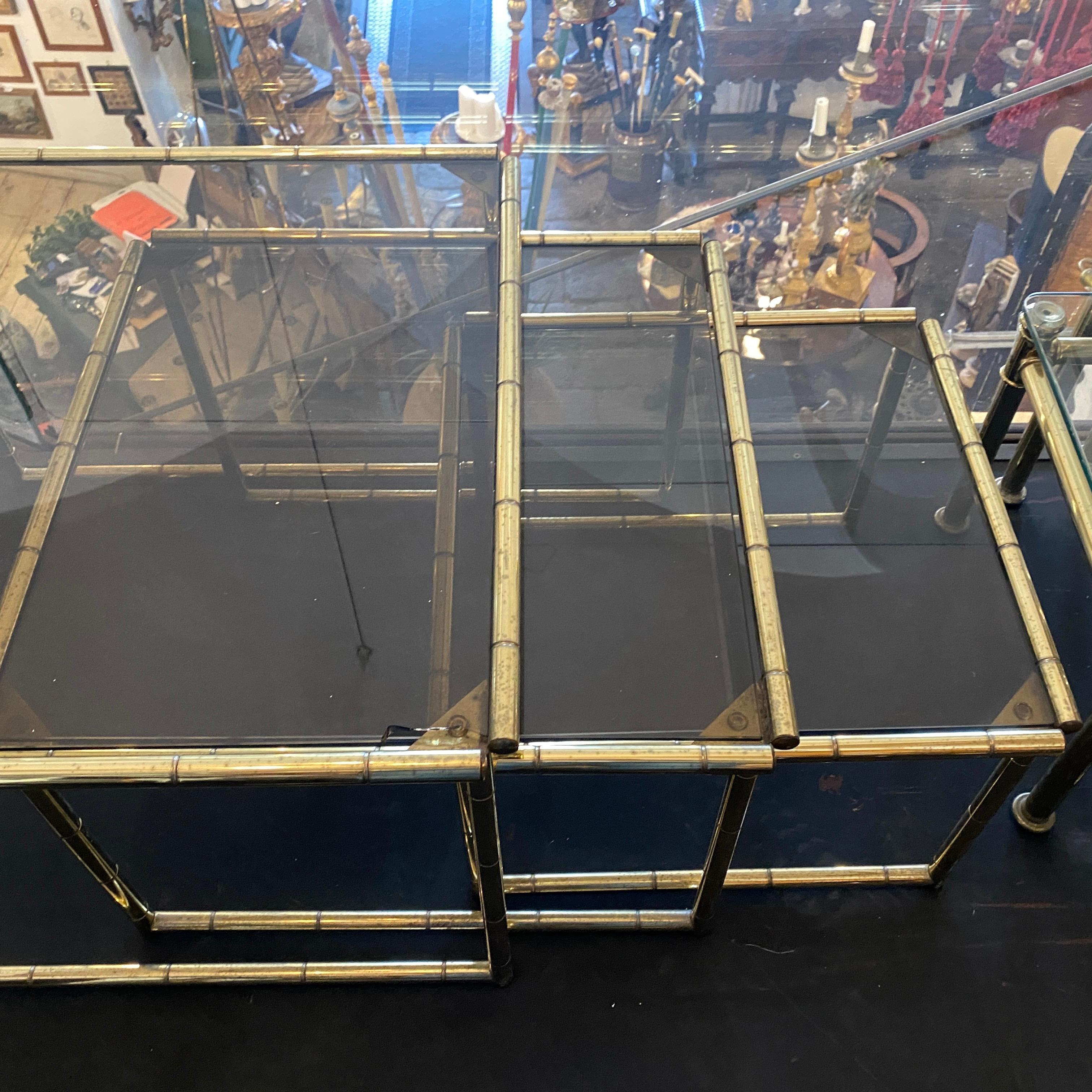 1960s Mid-Century Modern Set of Three Brass and Glass Italian Nesting Tables 6