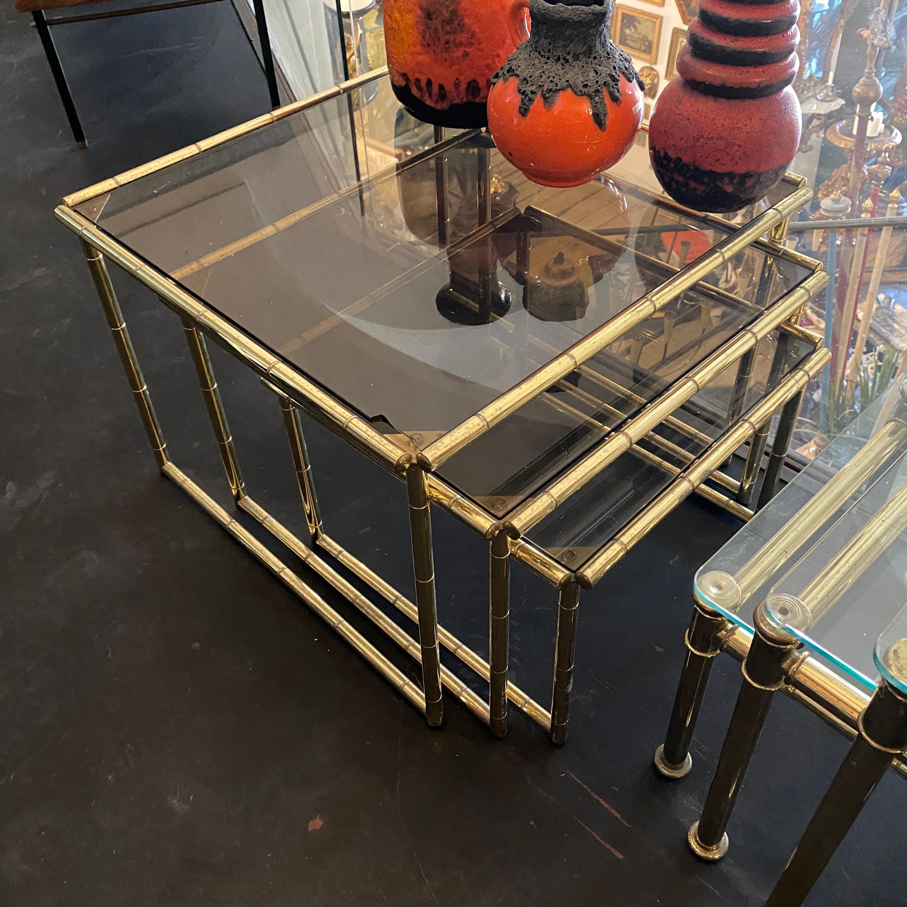 1960s Mid-Century Modern Set of Three Brass and Glass Italian Nesting Tables 8