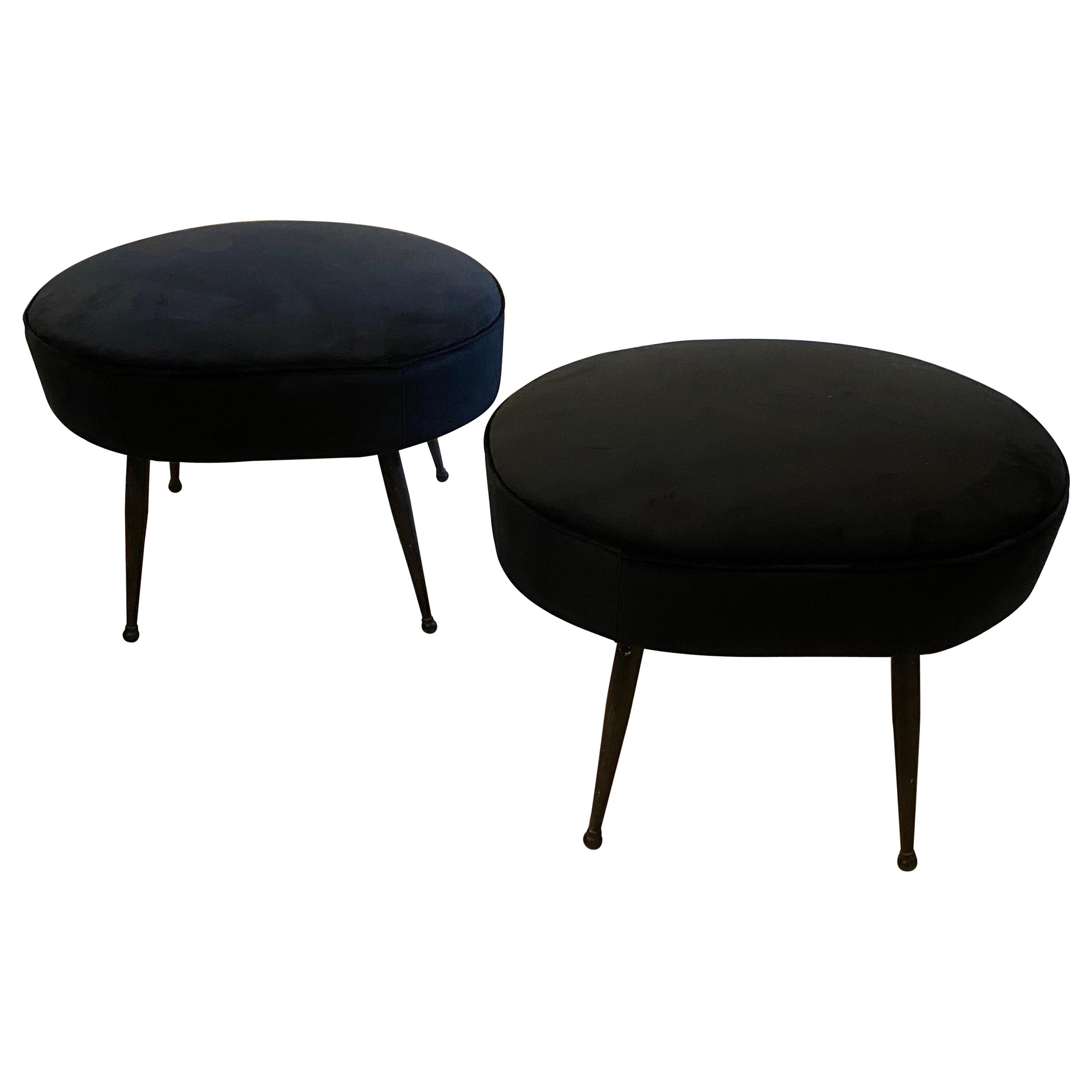 1960s Mid-Century Modern Set of Two Black Velvet Oval Italian Poufs