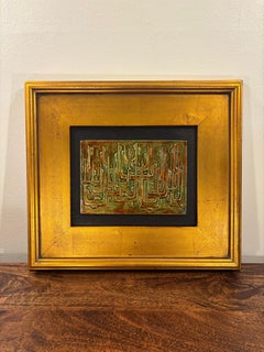 1960s Mid-Century Modern Signed Ceramic Relief Wall Art, Gold Leaf Frame