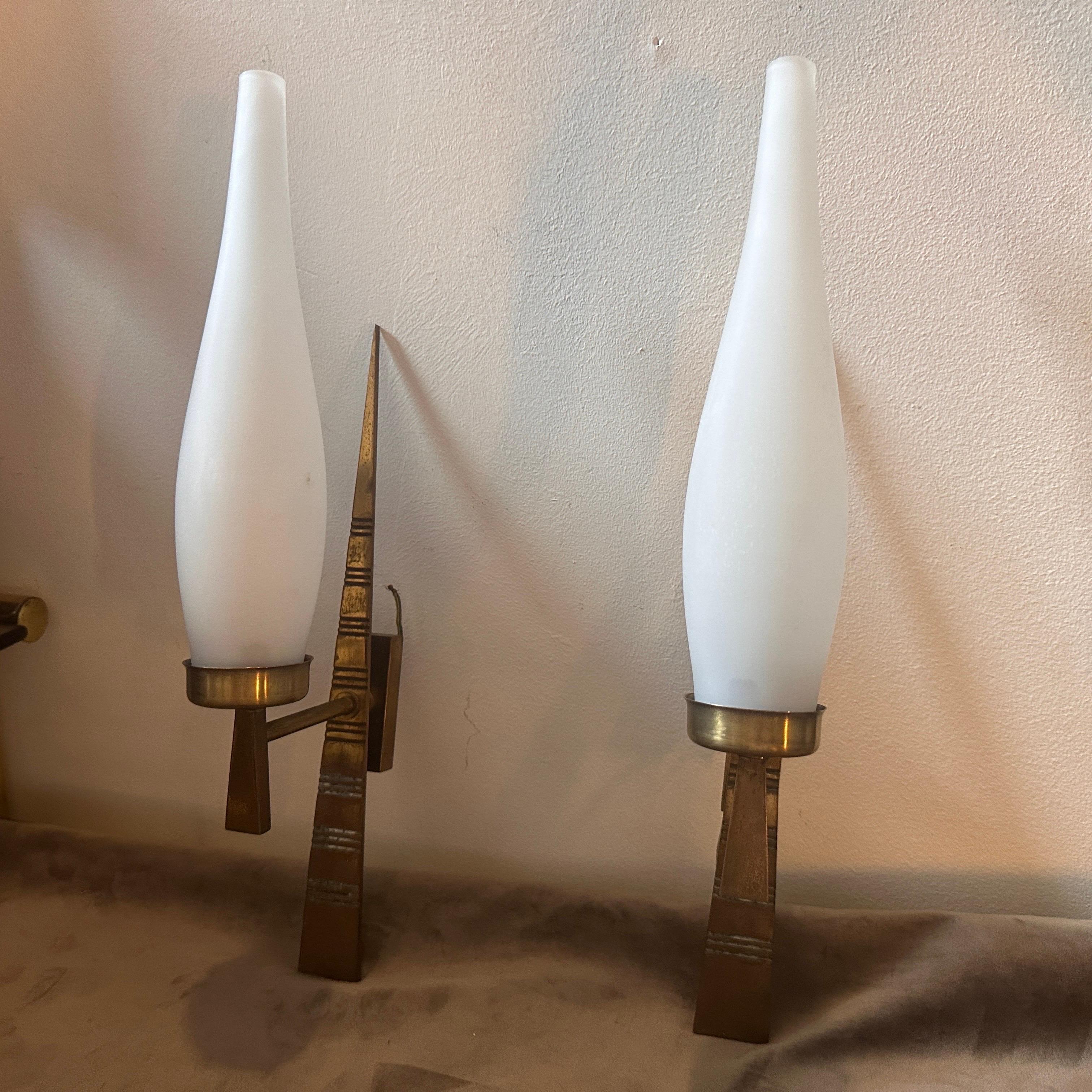 Two 1960s Mid-Century Modern Solid Brass and Glass Italian Wall Sconces For Sale 6