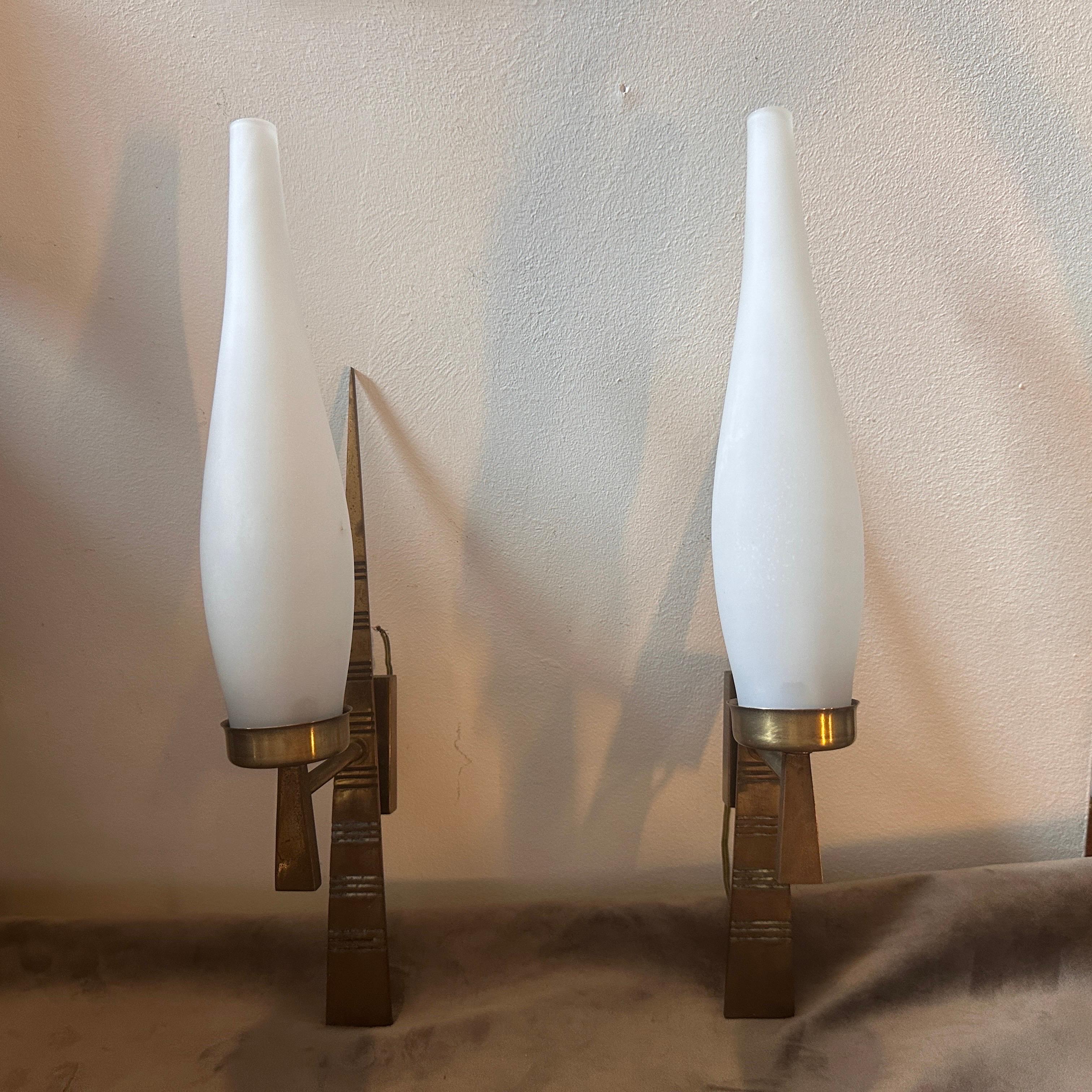 Hand-Crafted Two 1960s Mid-Century Modern Solid Brass and Glass Italian Wall Sconces For Sale