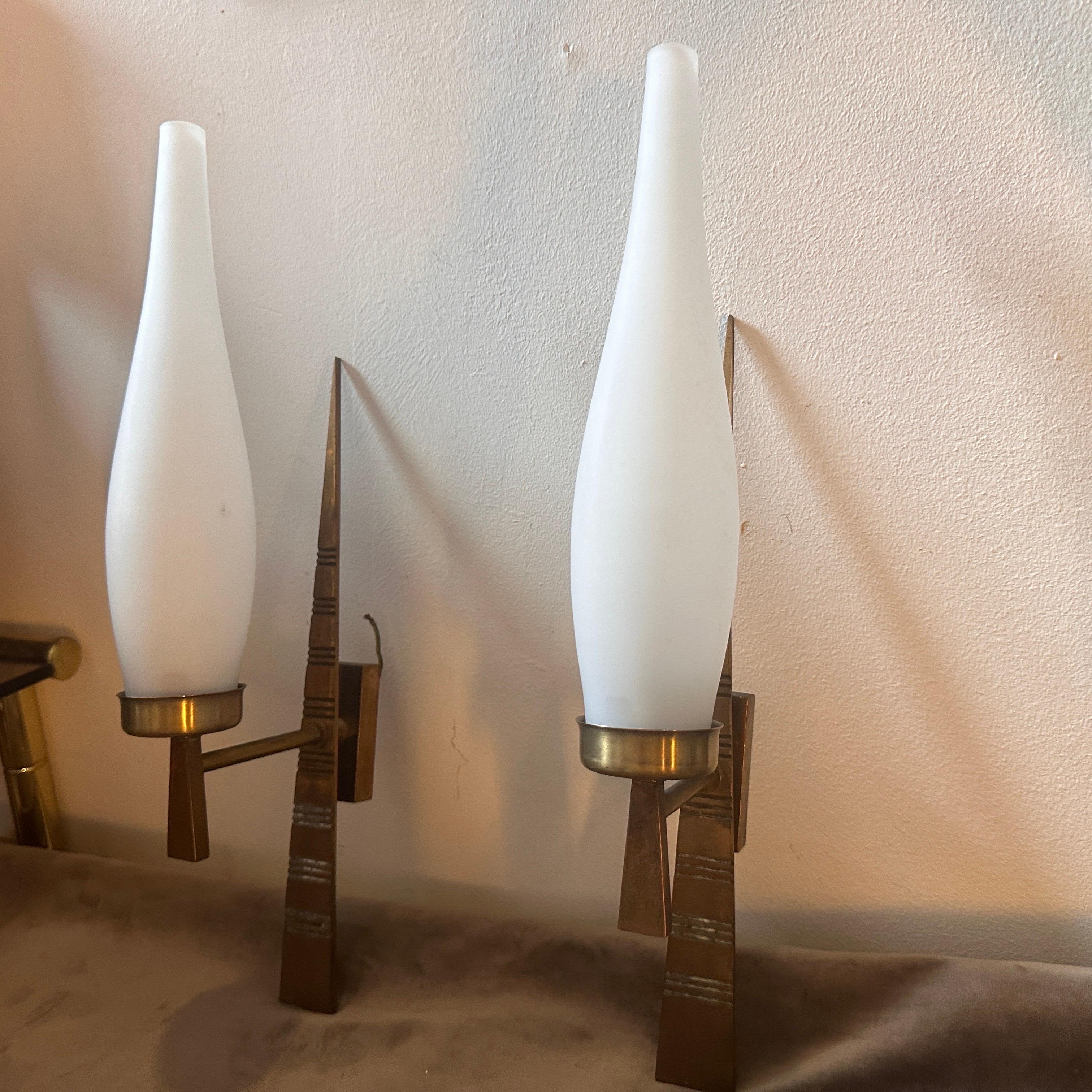 20th Century Two 1960s Mid-Century Modern Solid Brass and Glass Italian Wall Sconces For Sale