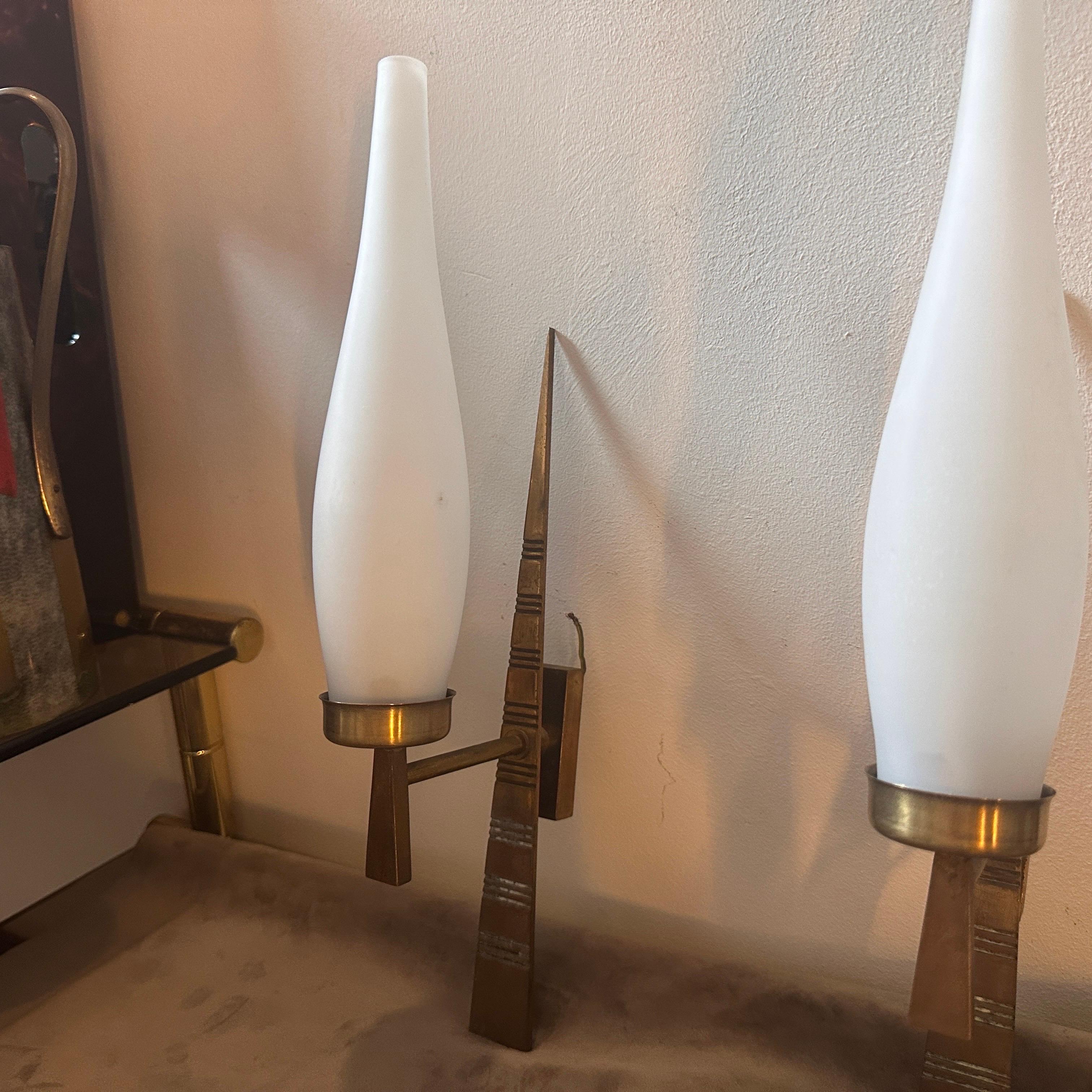 Two 1960s Mid-Century Modern Solid Brass and Glass Italian Wall Sconces For Sale 1