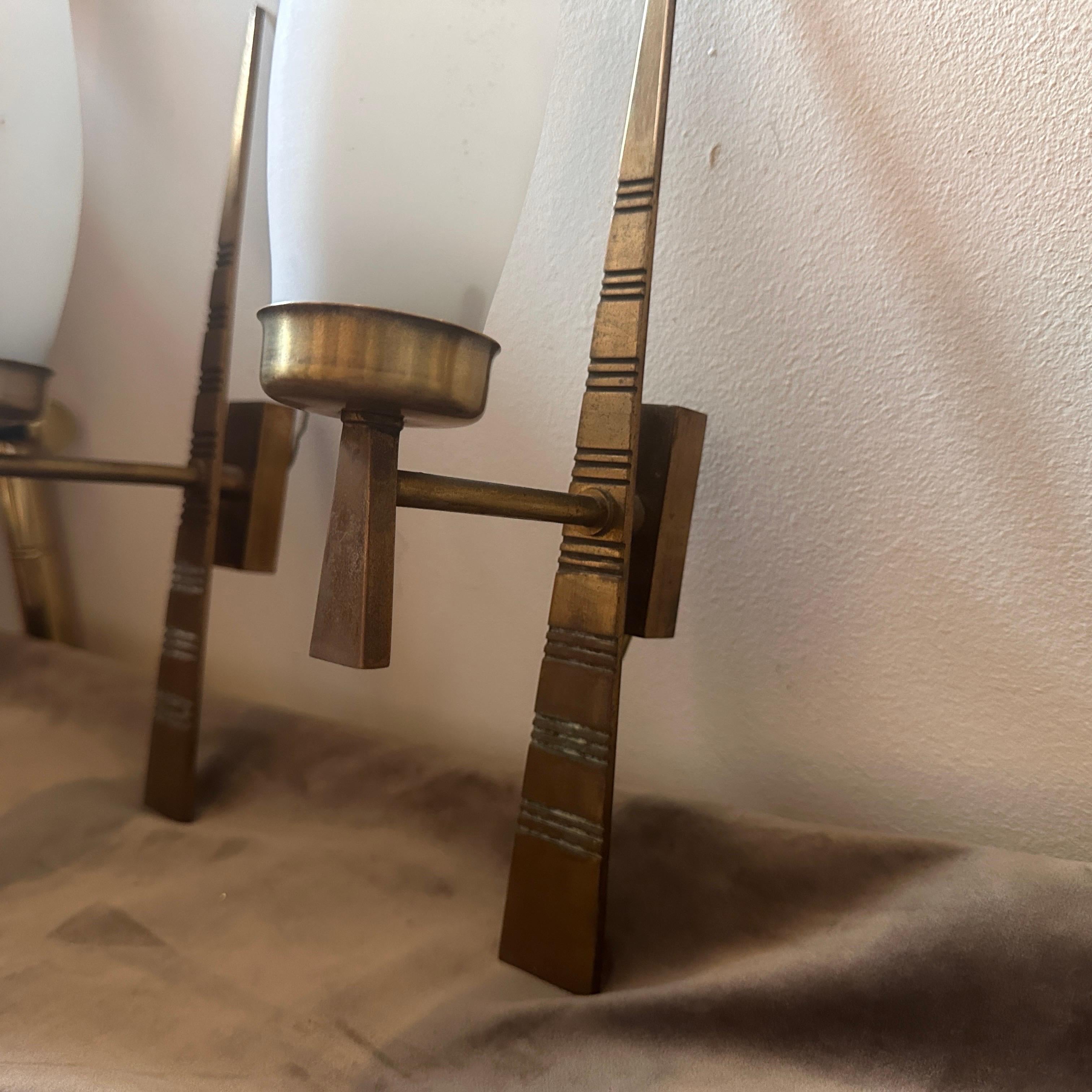 Two 1960s Mid-Century Modern Solid Brass and Glass Italian Wall Sconces For Sale 2