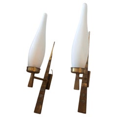 1960s Mid-Century Modern Solid Brass and Glass Italian Wall Sconces