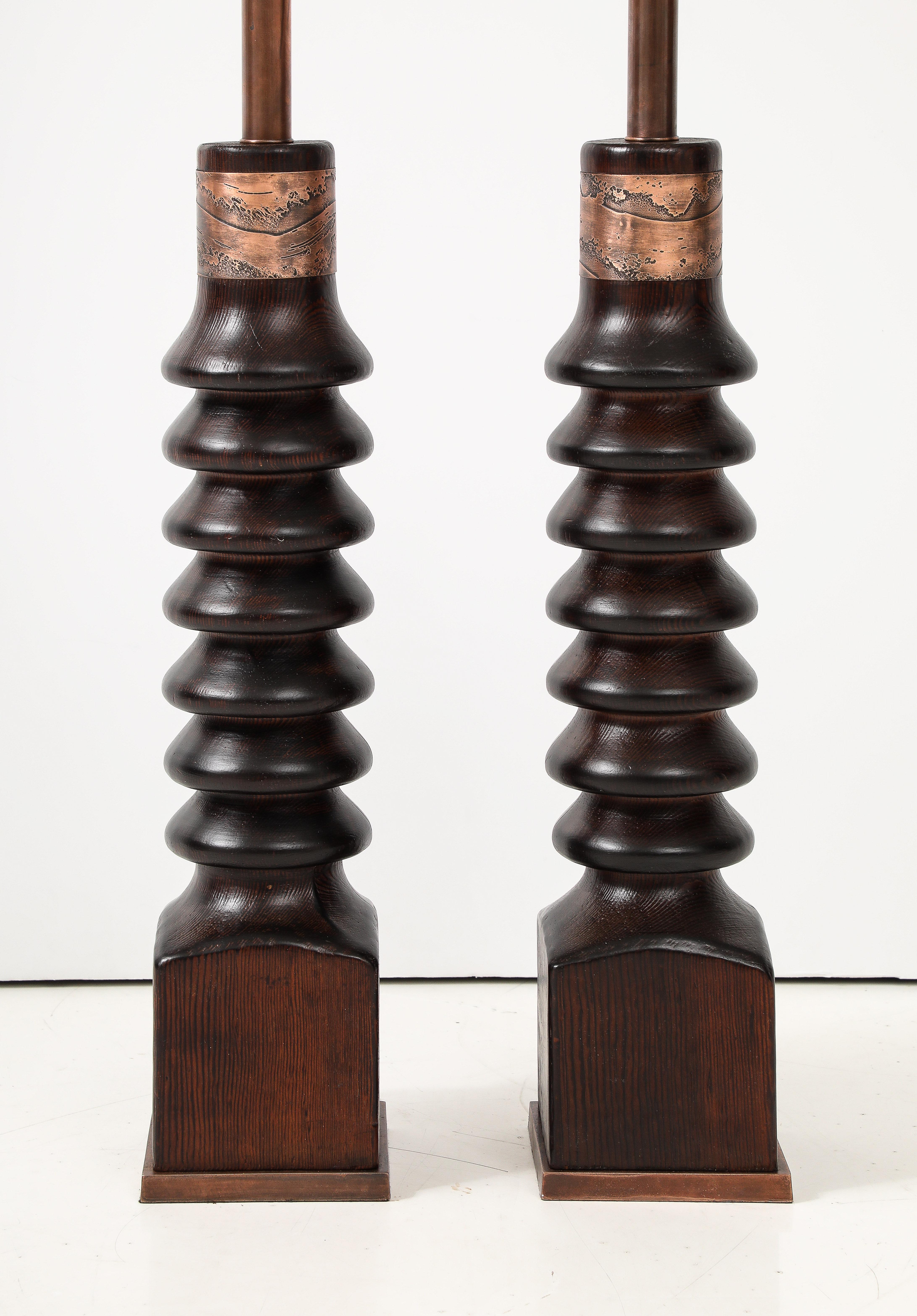 1960's Mid-Century Modern Tall Laurel Oak And Copper Table Lamps For Sale 1