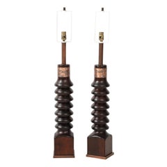 1960
s Mid-Century Modern Tall Laurel Oak And Copper Table Lamps