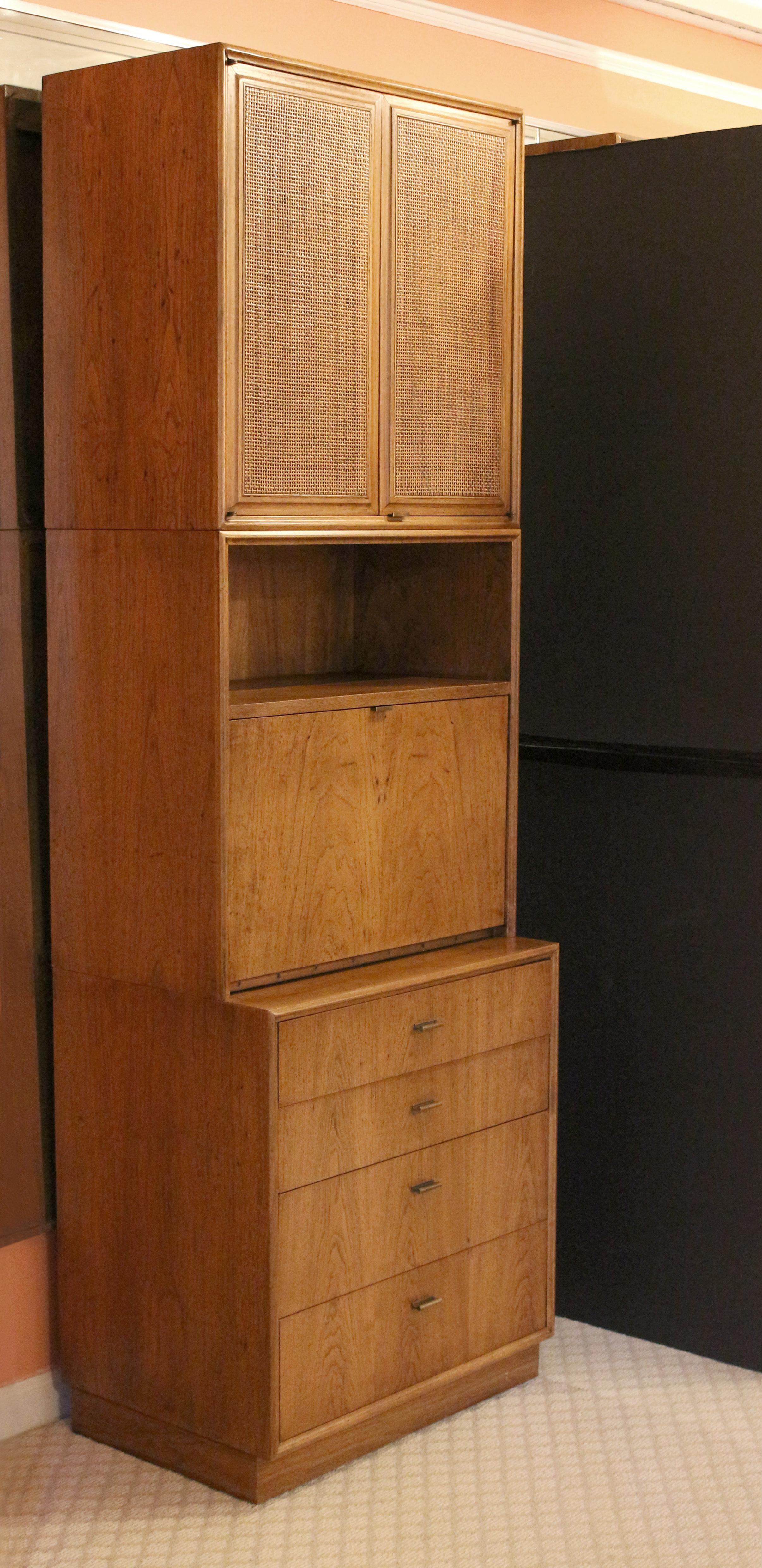 Woven 1960's Mid-Century Modern Three-Part Founders Cabinet in Solid Pecan