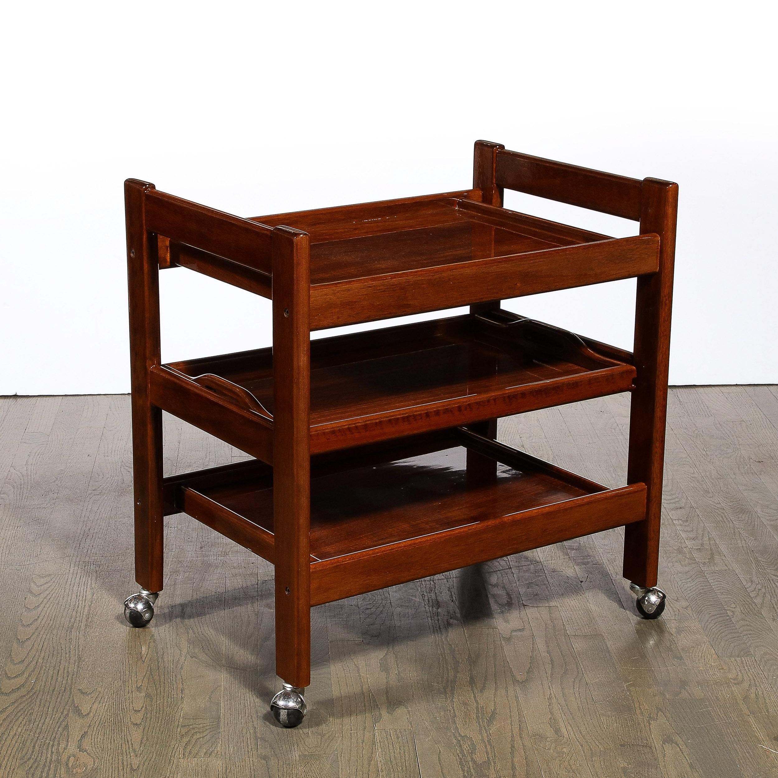 1960s Mid-Century Modern Three-Tier Bar Cart on Castors in Book-Matched Walnut  For Sale 1