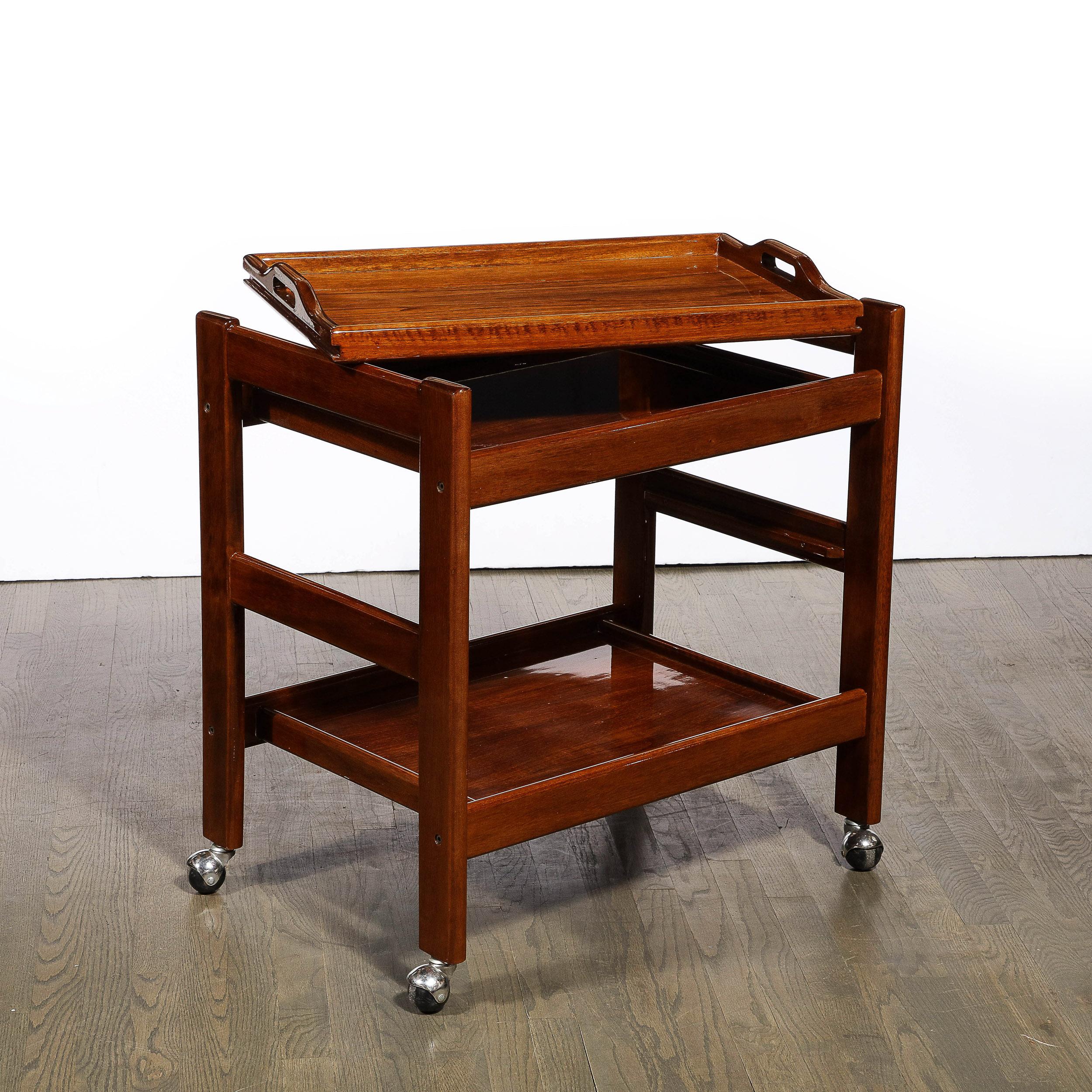 1960s Mid-Century Modern Three-Tier Bar Cart on Castors in Book-Matched Walnut  For Sale 2