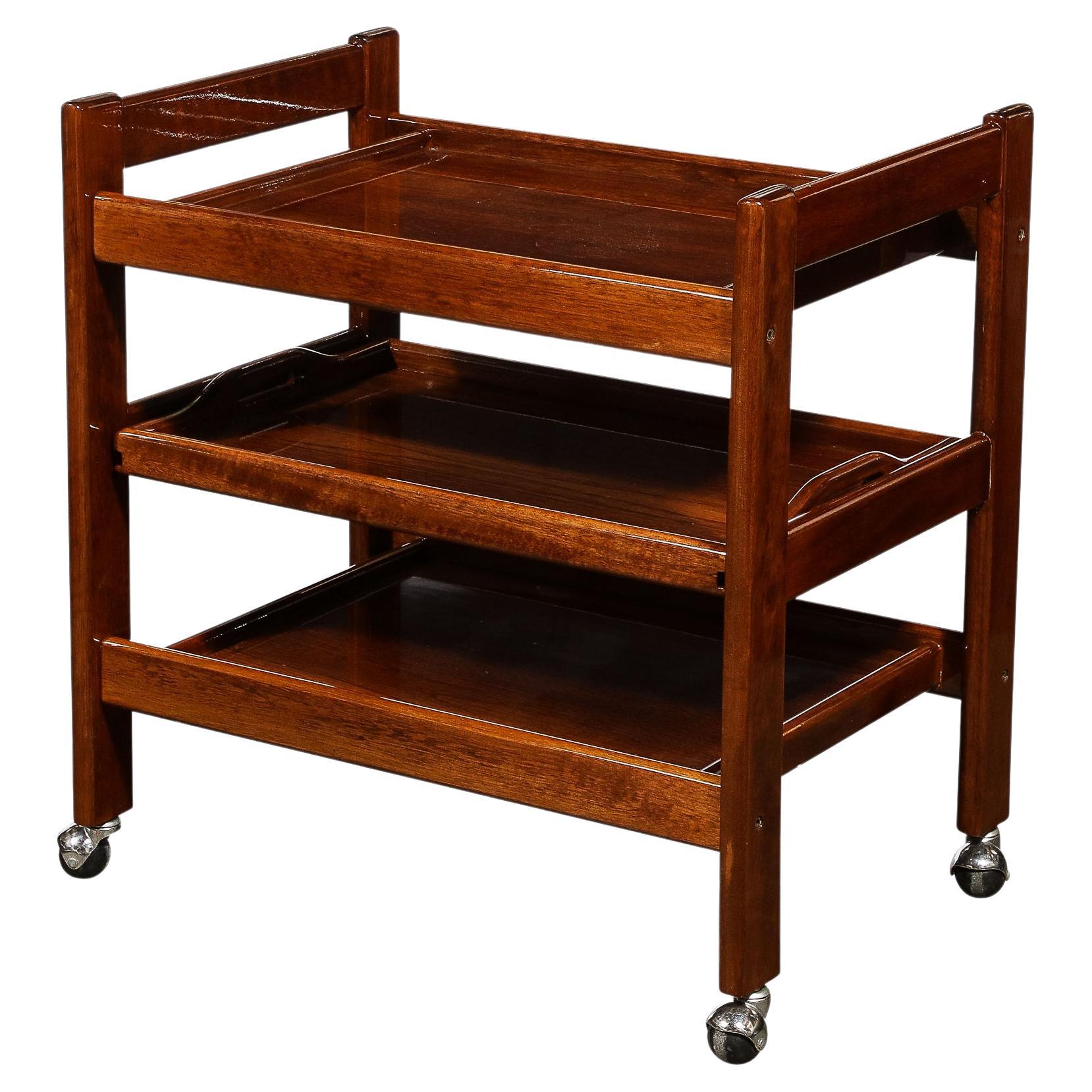 1960s Mid-Century Modern Three-Tier Bar Cart on Castors in Book-Matched Walnut  For Sale