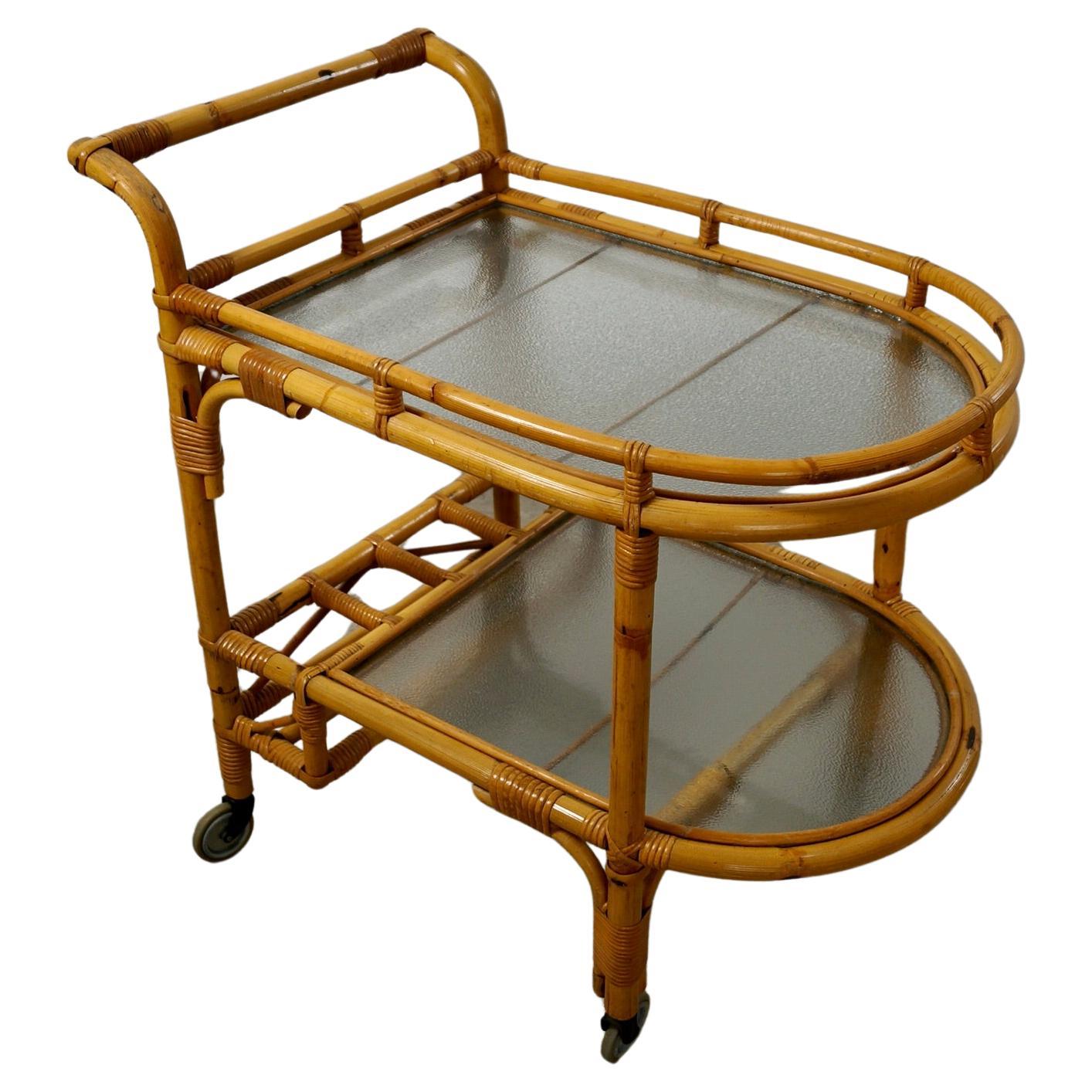 1960's Mid-Century Modern Tony Paul Style Rattan & Glass Bar Cart