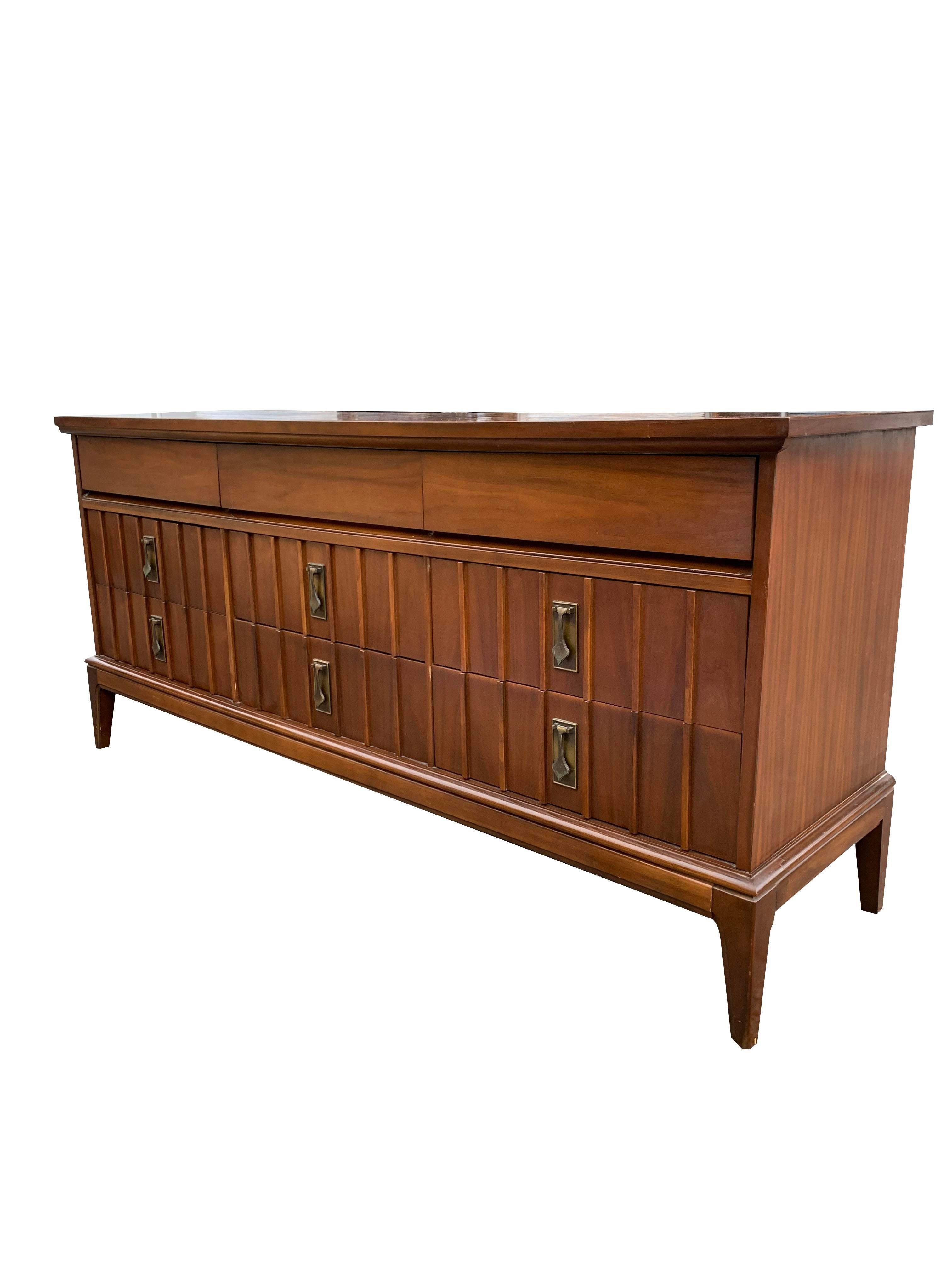 Mid-Century Modern 1960s Mid Century Modern Triple Dresser with Brass Hardware For Sale