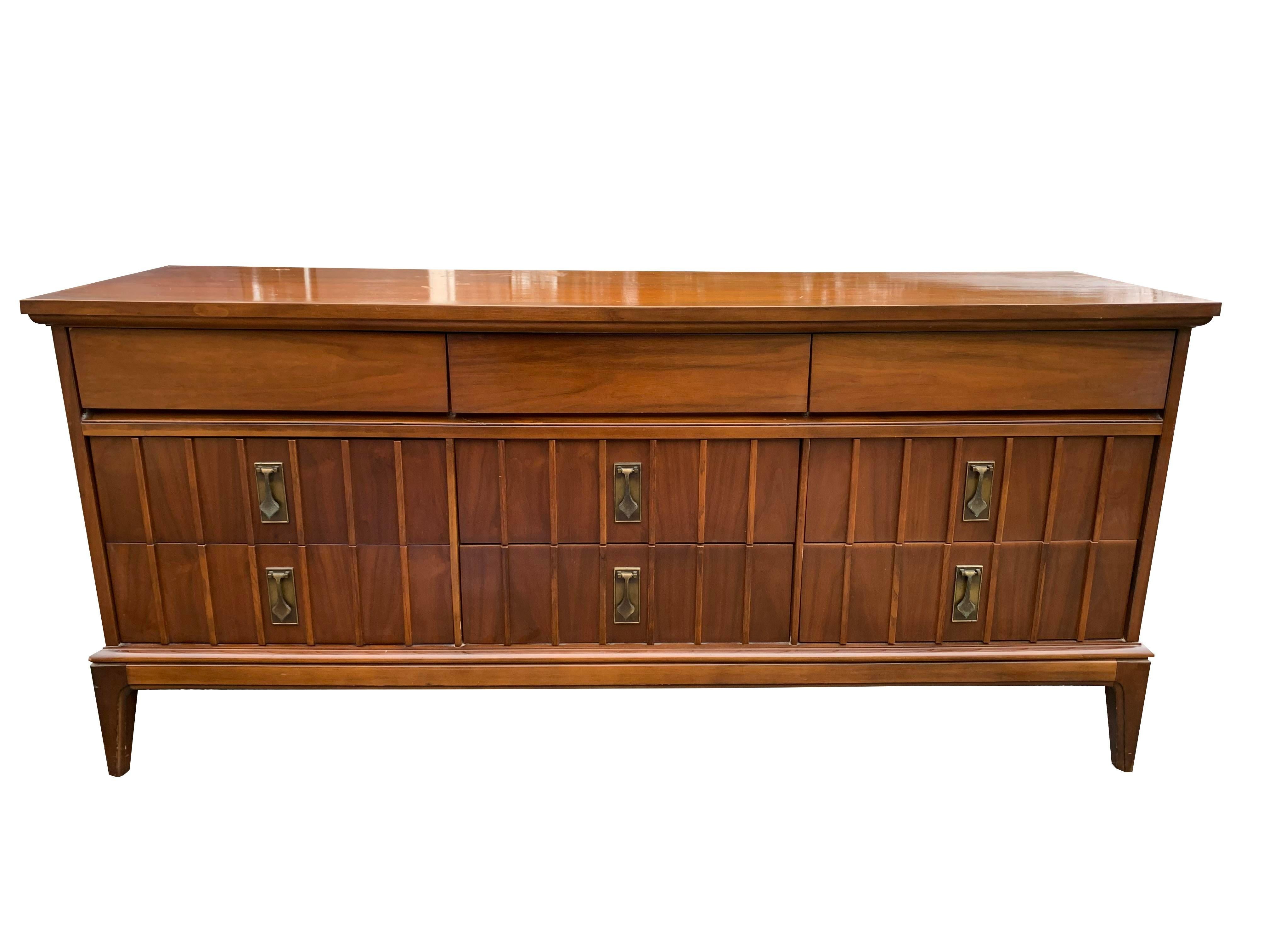 1960s Mid Century Modern Triple Dresser with Brass Hardware For Sale 2