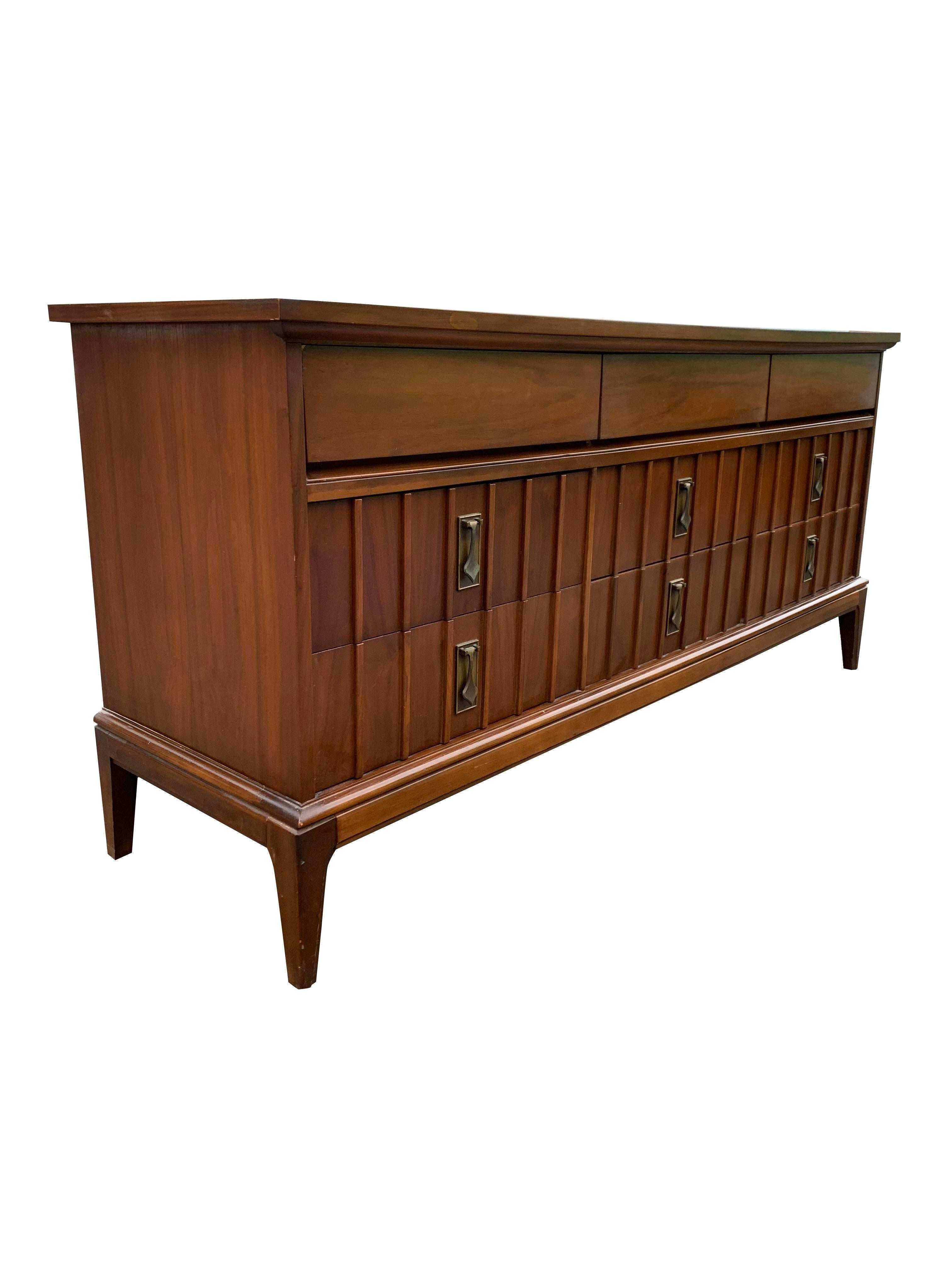 1960s Mid Century Modern Triple Dresser with Brass Hardware For Sale 4