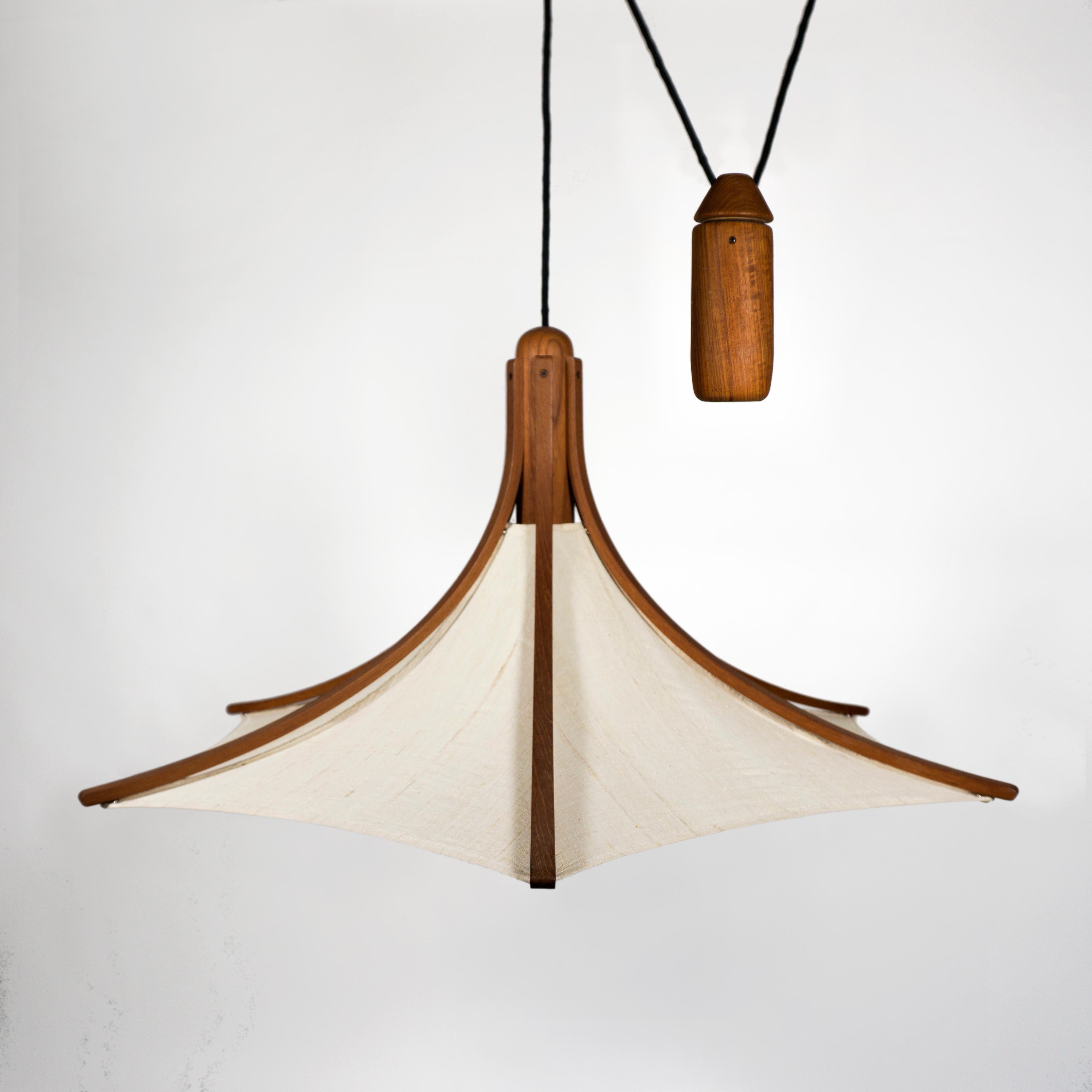 European 1960s Mid-Century Modern Vintage Domus Teak Linen Counterweight Pendant Lamp