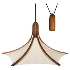 Lampada a sospensione a contrappeso Domus in teak e lino, vintage, del 1960, di metà secolo.