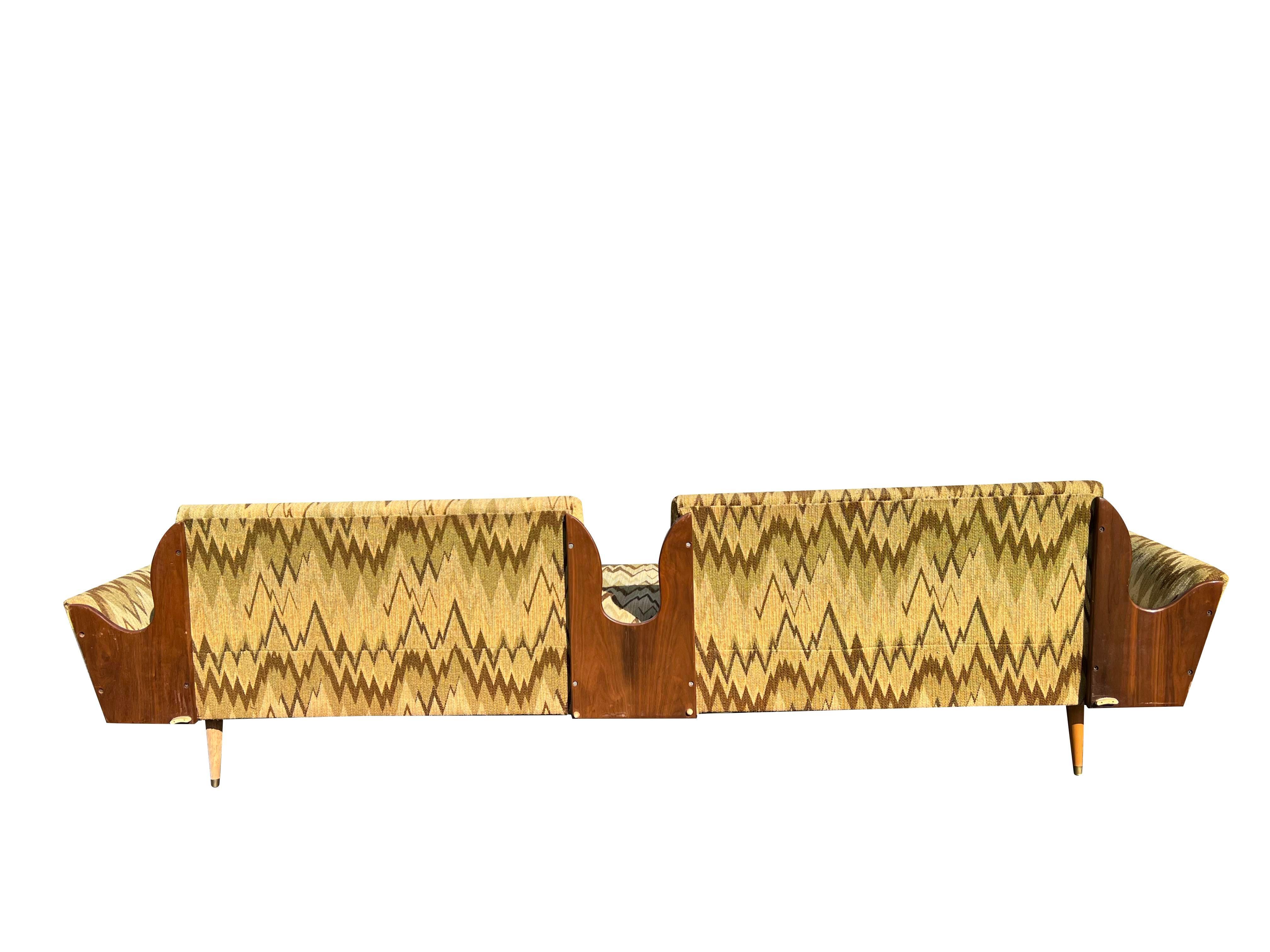 1960s Mid Century Modern Vintage Long Gondola Style Sofa in Blaze Pattern Fabric 4