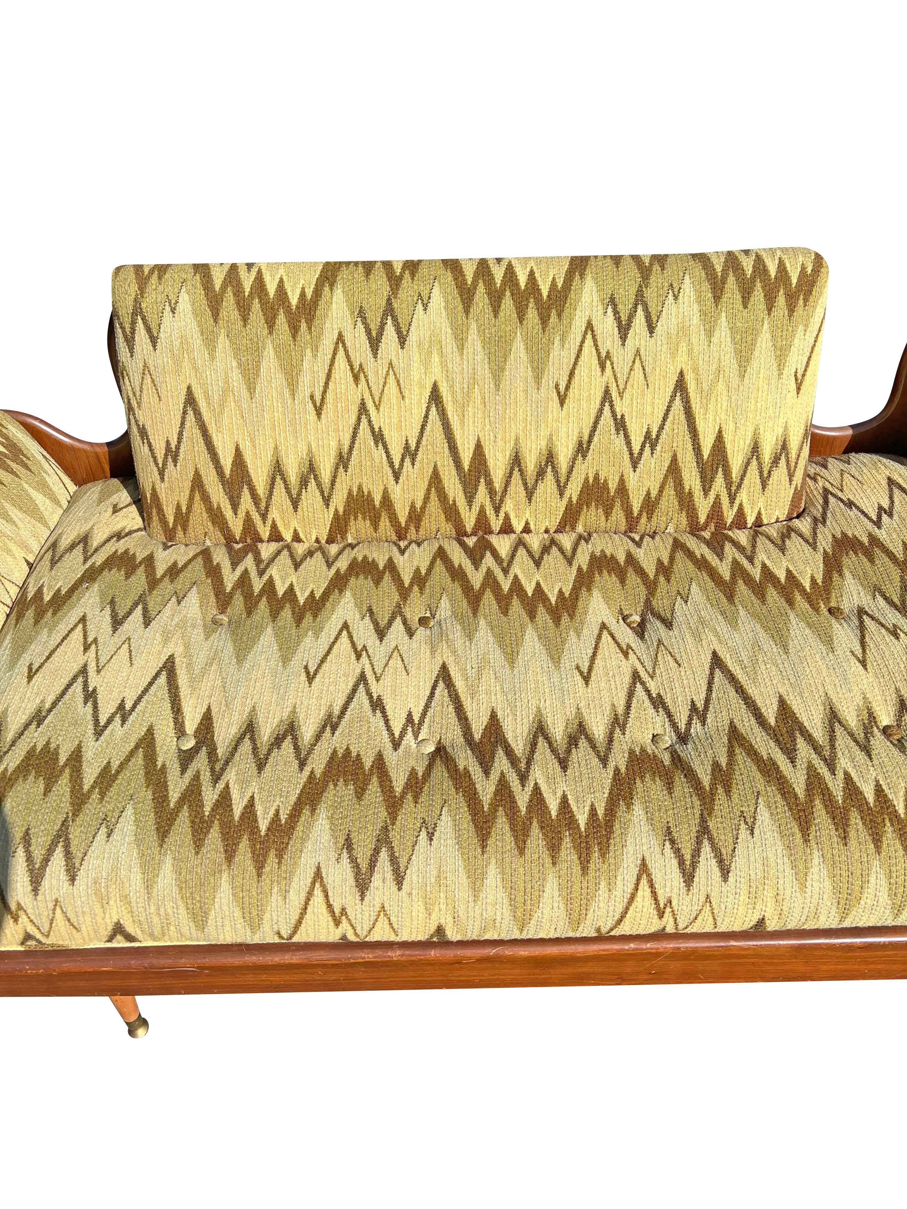 American 1960s Mid Century Modern Vintage Long Gondola Style Sofa in Blaze Pattern Fabric