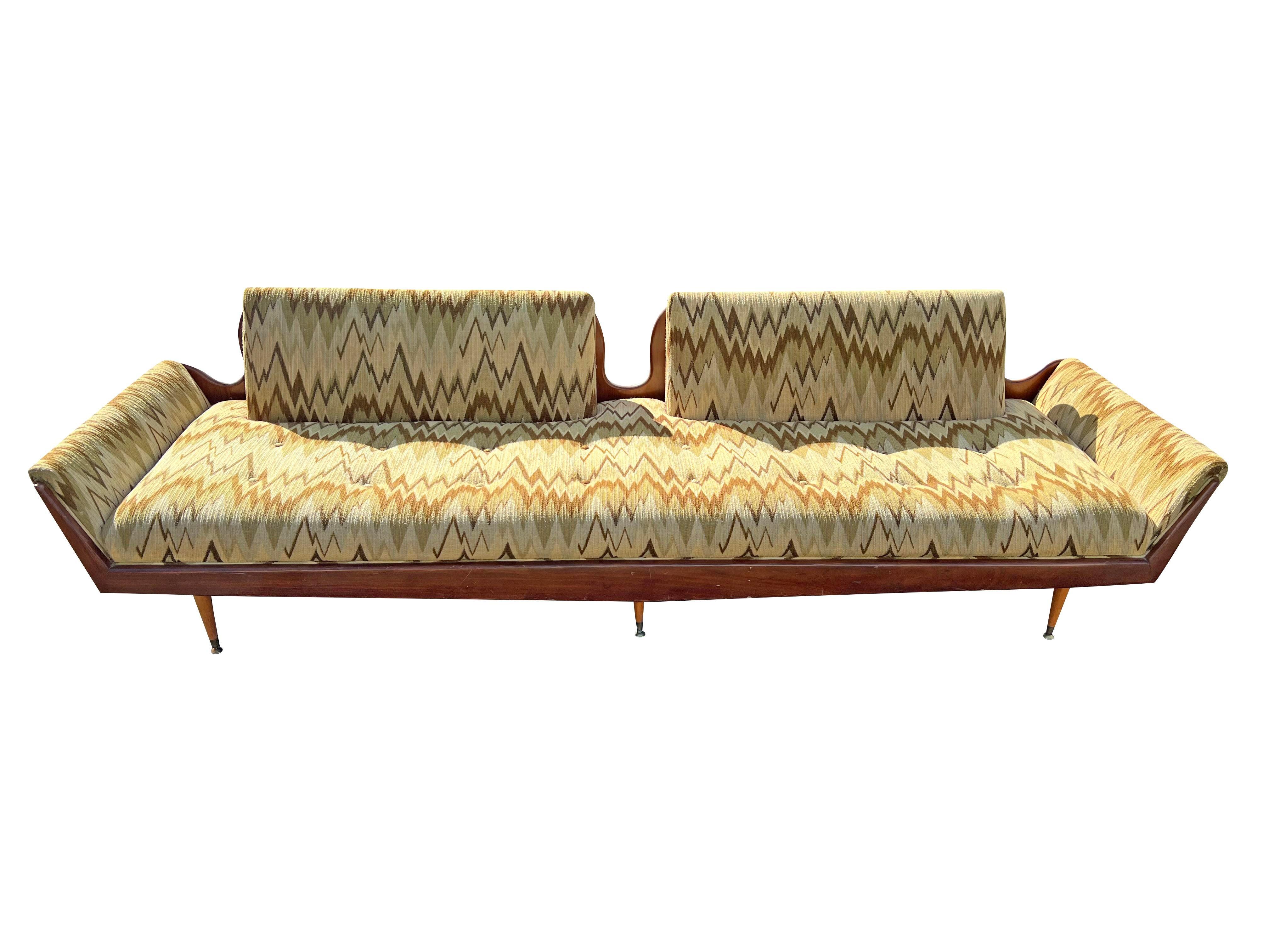 1960s Mid Century Modern Vintage Long Gondola Style Sofa in Blaze Pattern Fabric 1