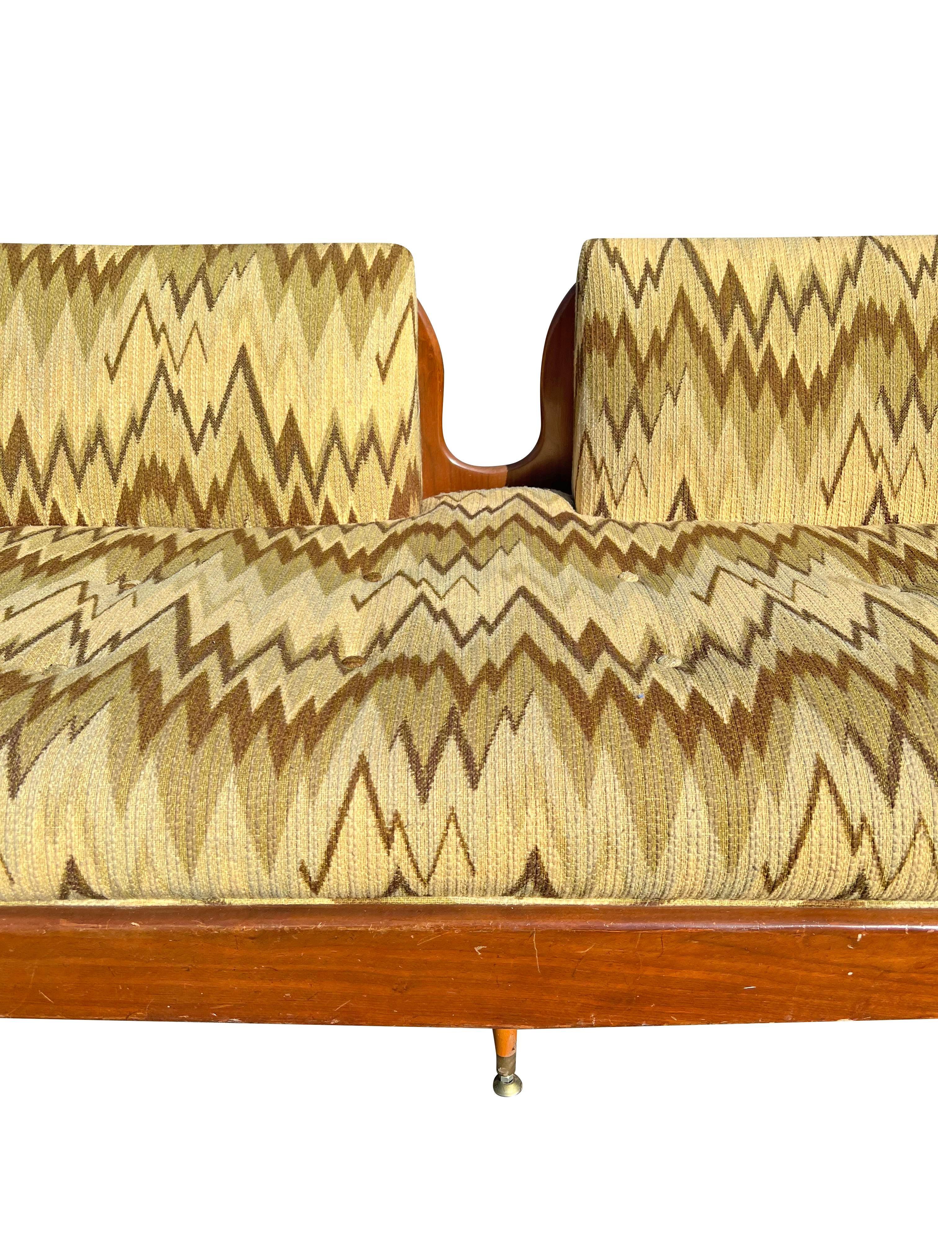 1960s Mid Century Modern Vintage Long Gondola Style Sofa in Blaze Pattern Fabric 3