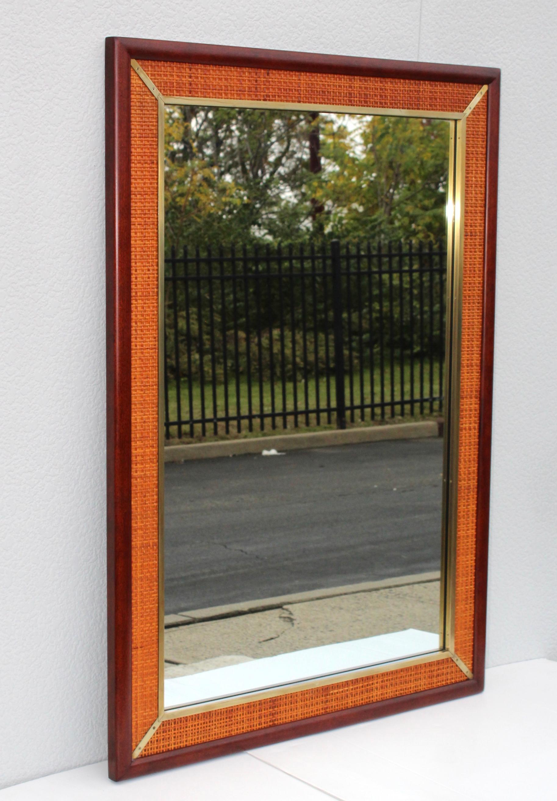American 1960s Mid-Century Modern Walnut and Brass Mirror by Grosfeld House For Sale