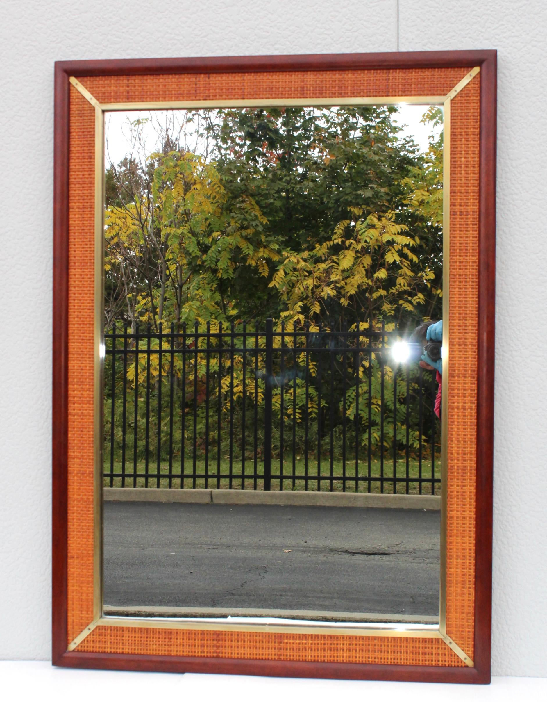 Mid-20th Century 1960s Mid-Century Modern Walnut and Brass Mirror by Grosfeld House For Sale