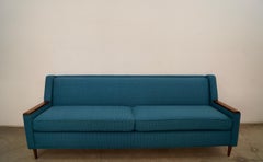 1960's Mid-Century Modern Walnut Arm Paw Sofa In Knoll Textiles
