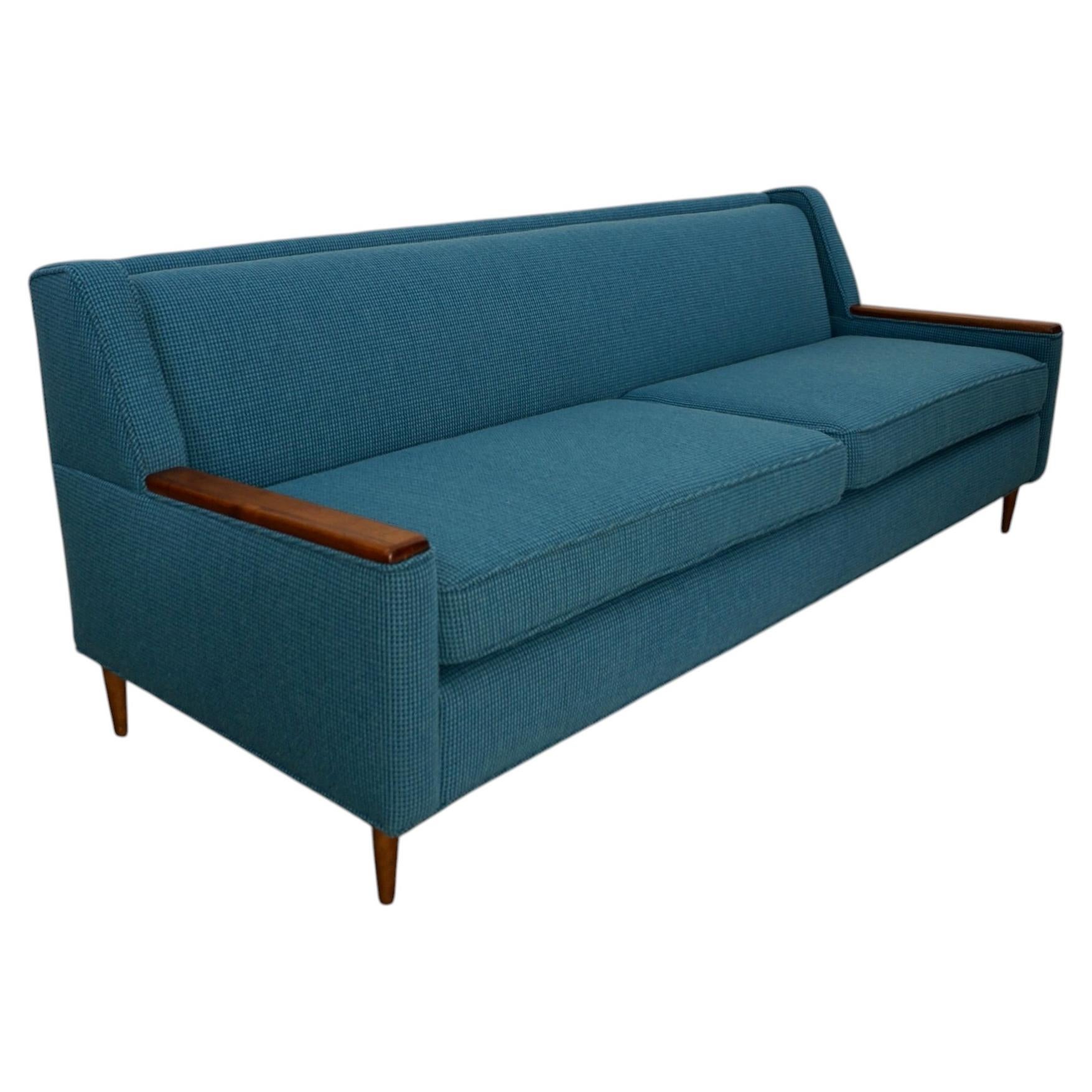 1960's Mid-Century Modern Walnut Arm Paw Sofa In Knoll Textiles