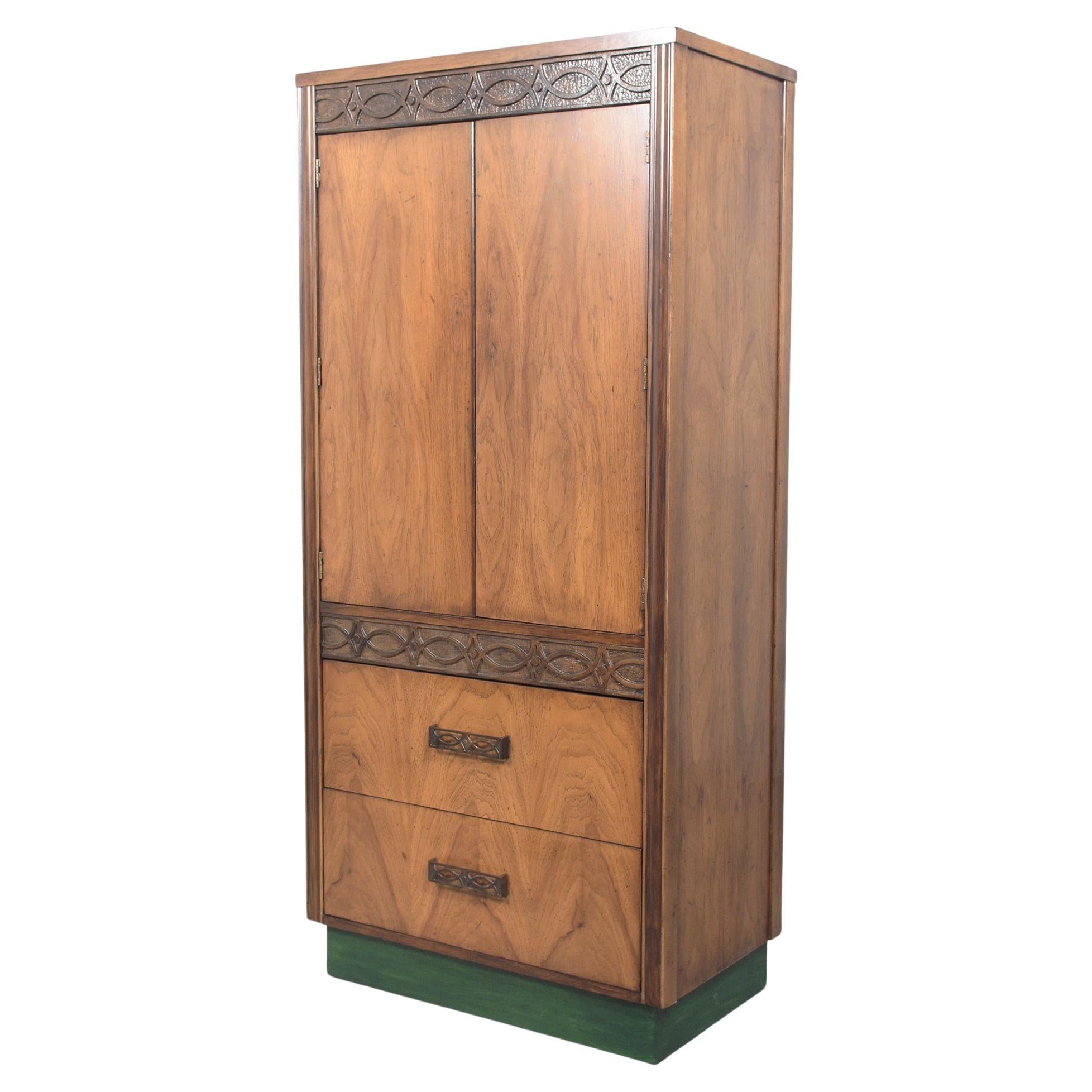 Embrace the timeless allure of our 1960s Mid-Century Modern Bachelor Chest of Drawers, a masterpiece beautifully hand-crafted from walnut. This exceptional piece has been meticulously restored and refinished by our in-house team of professional