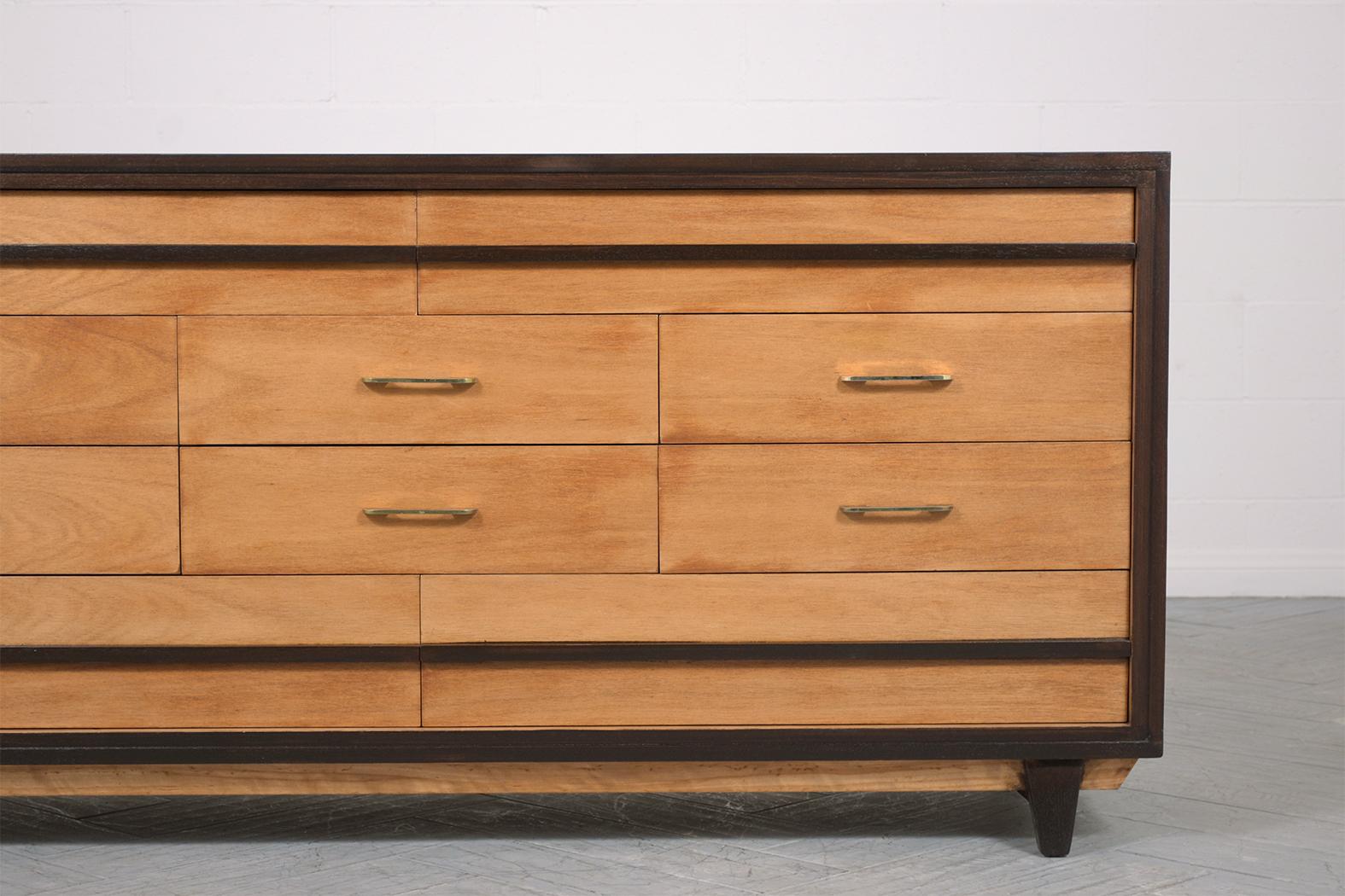 American Restored Vintage Mid-Century Modern Walnut Chest of Drawers with Brass Handles For Sale