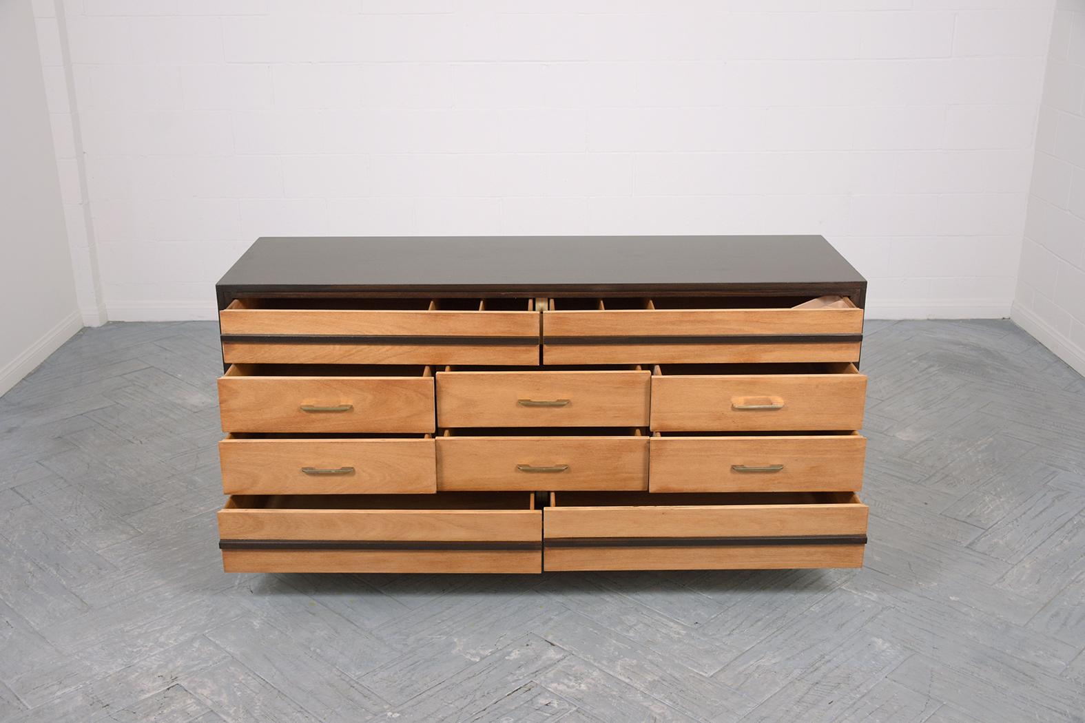Painted Restored Vintage Mid-Century Modern Walnut Chest of Drawers with Brass Handles For Sale