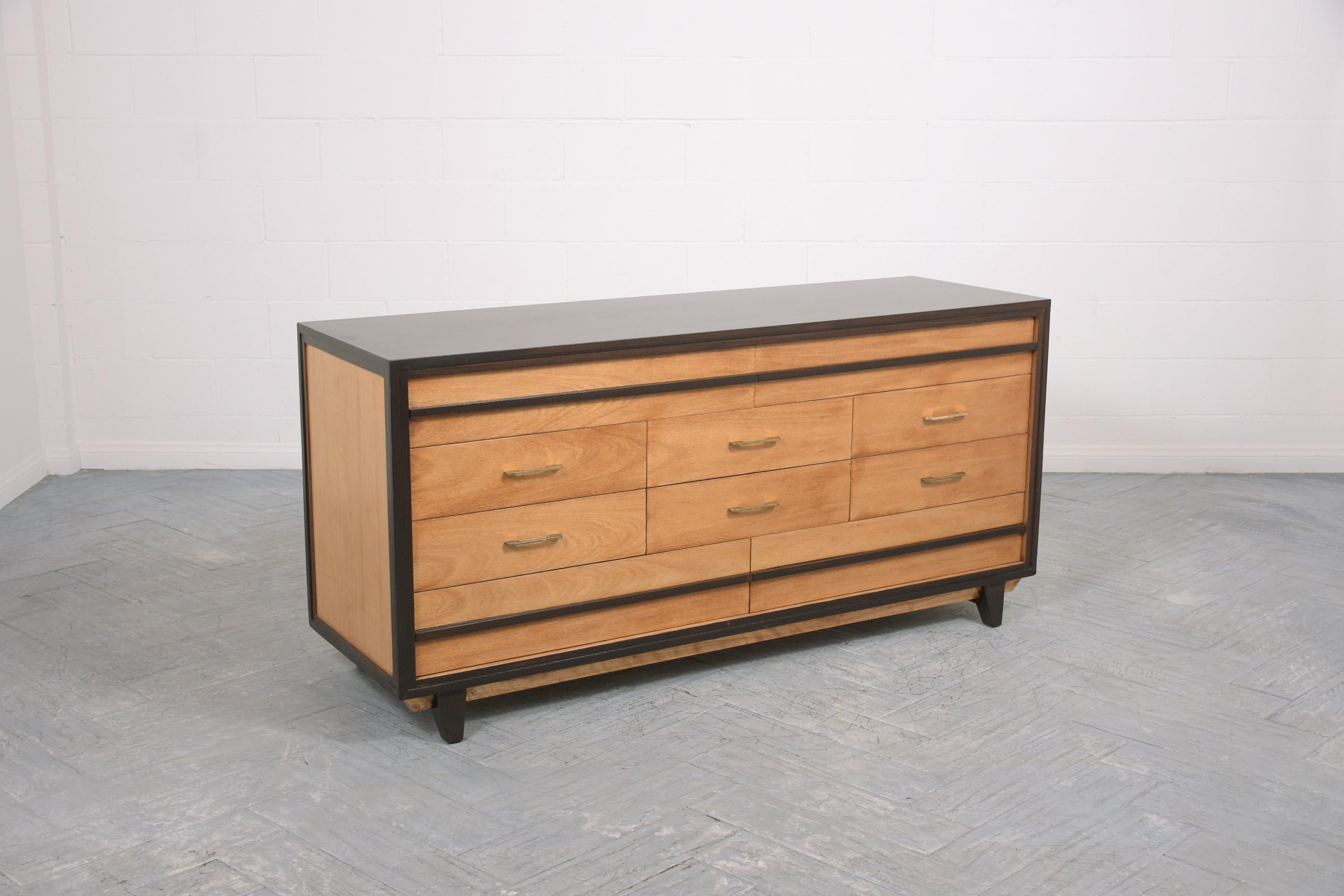 Steel Restored Vintage Mid-Century Modern Walnut Chest of Drawers with Brass Handles For Sale