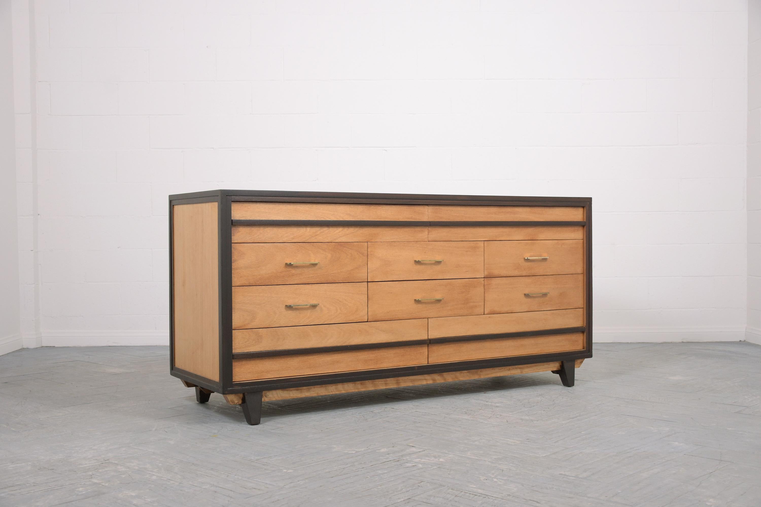 Restored Vintage Mid-Century Modern Walnut Chest of Drawers with Brass Handles For Sale 1