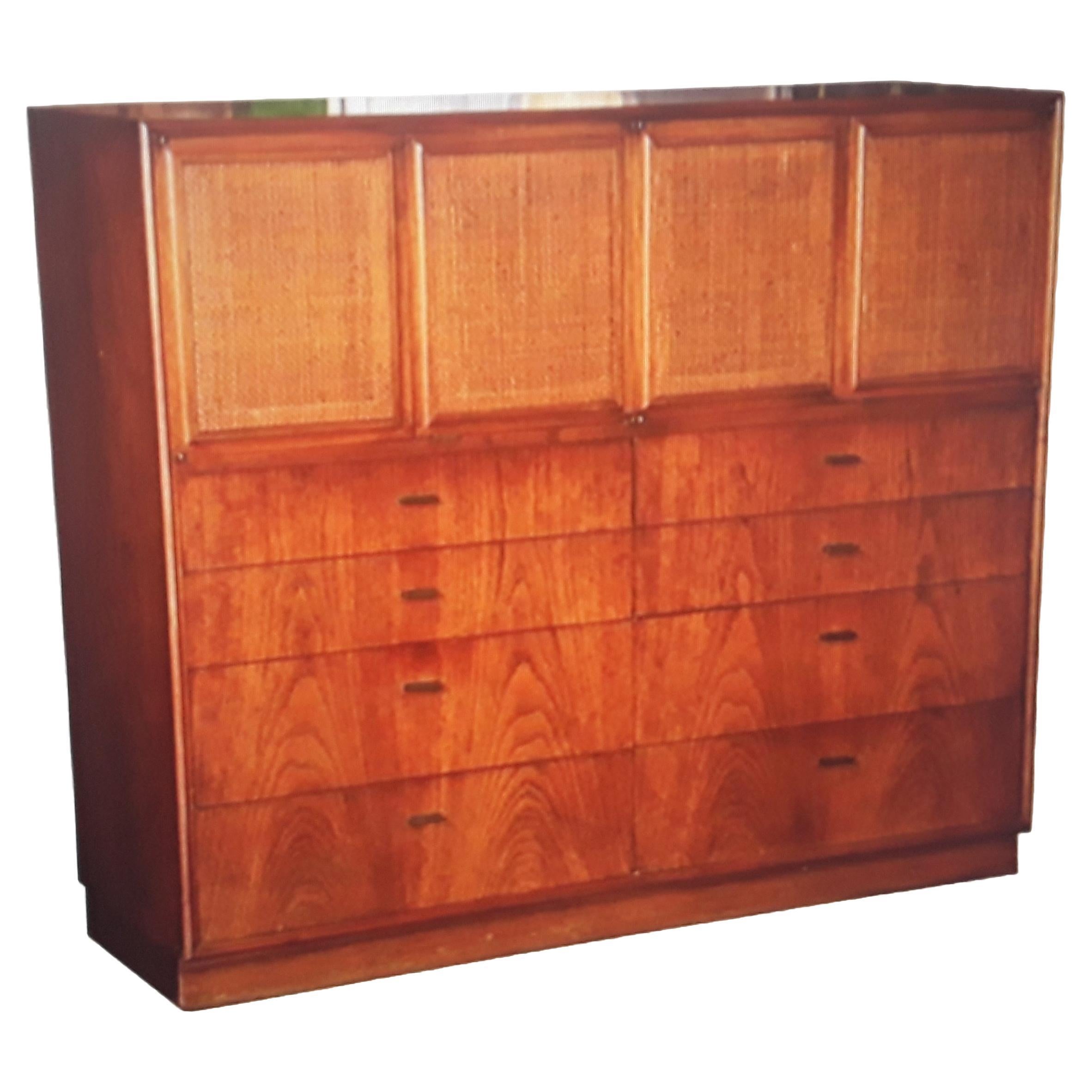 1960's Mid Century Modern Walnut Chest of Drawers with 4 Caned Panels For Sale