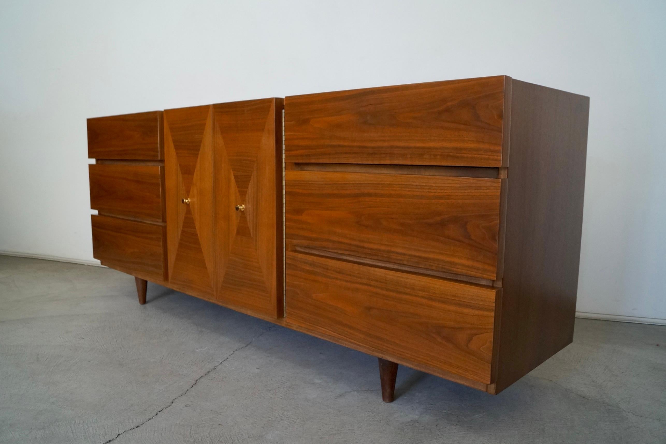 Brass 1960s Mid-Century Modern Walnut Credenza / Dresser by American of Martinsville
