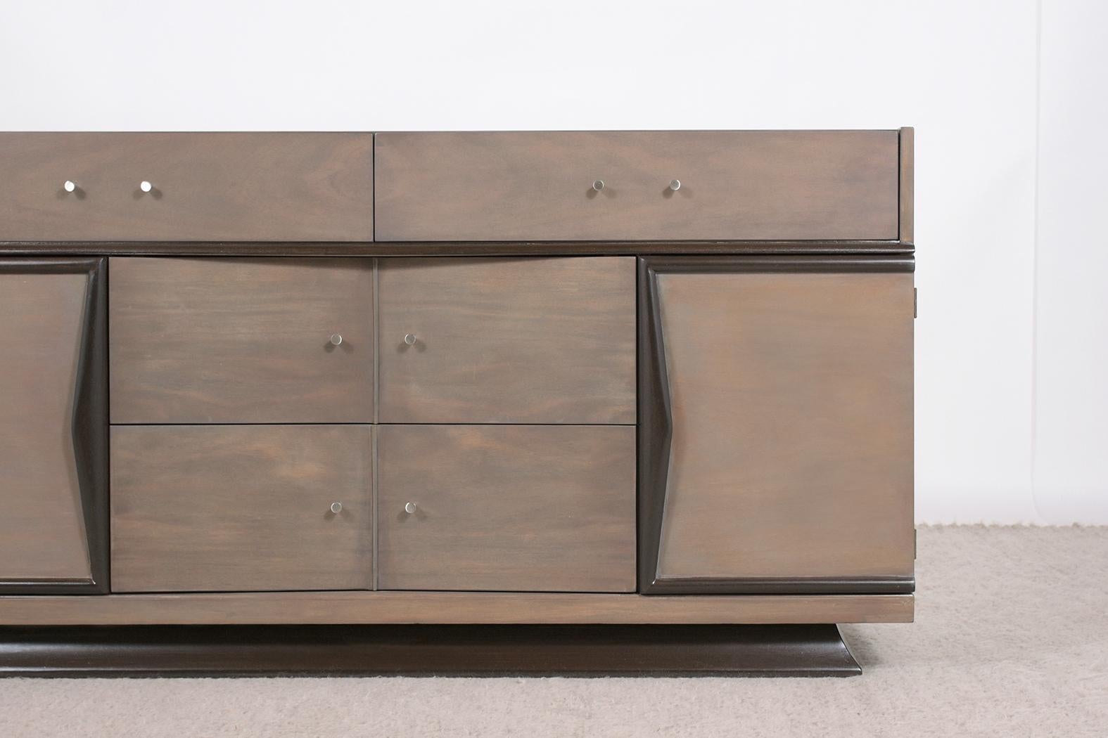 Carved Retro Chic Reimagined: Restored Modern Walnut Credenza with Grey Lacquer Finish
