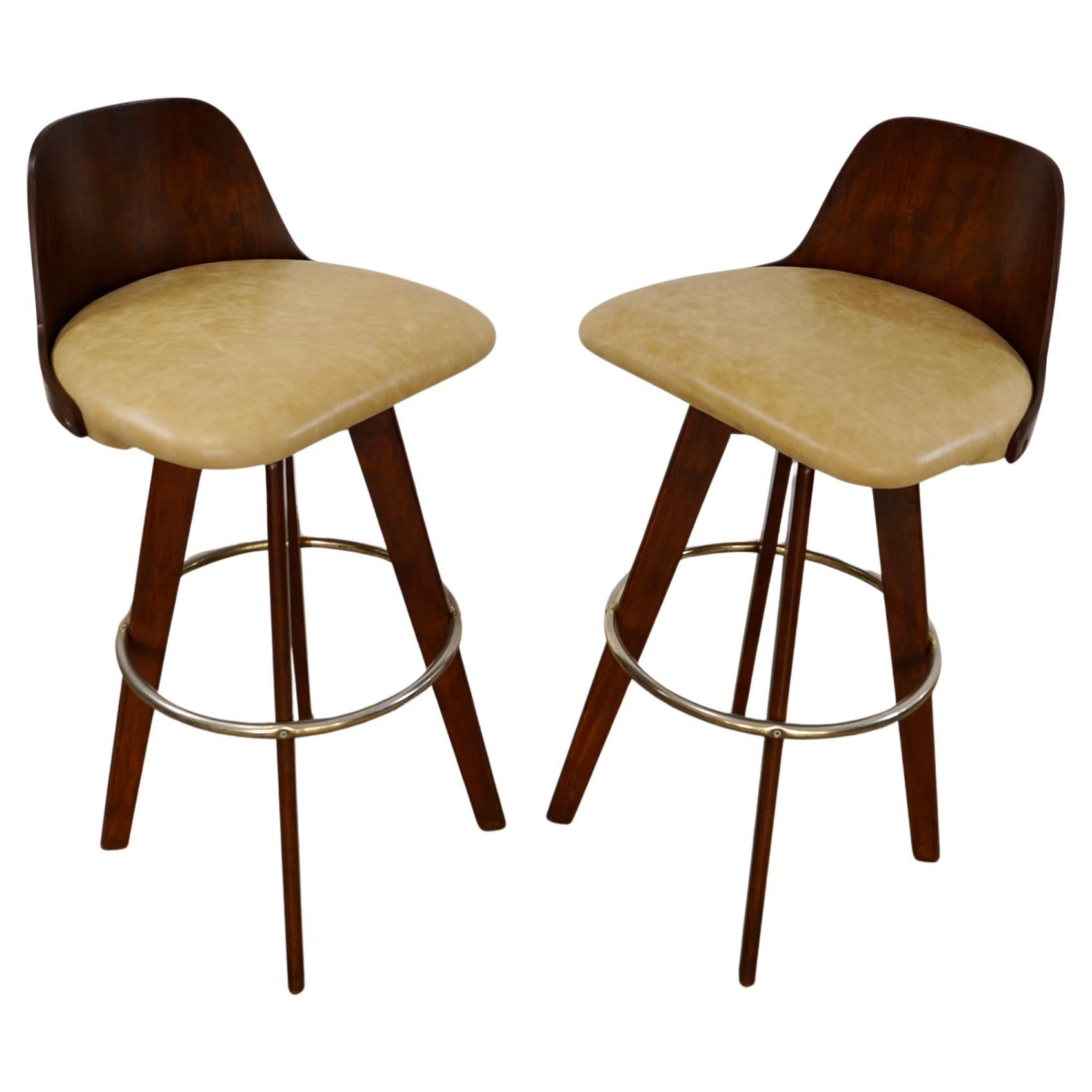 1960's Mid-Century Modern Walnut & Leather Bar Stools by Calorator - a Pair