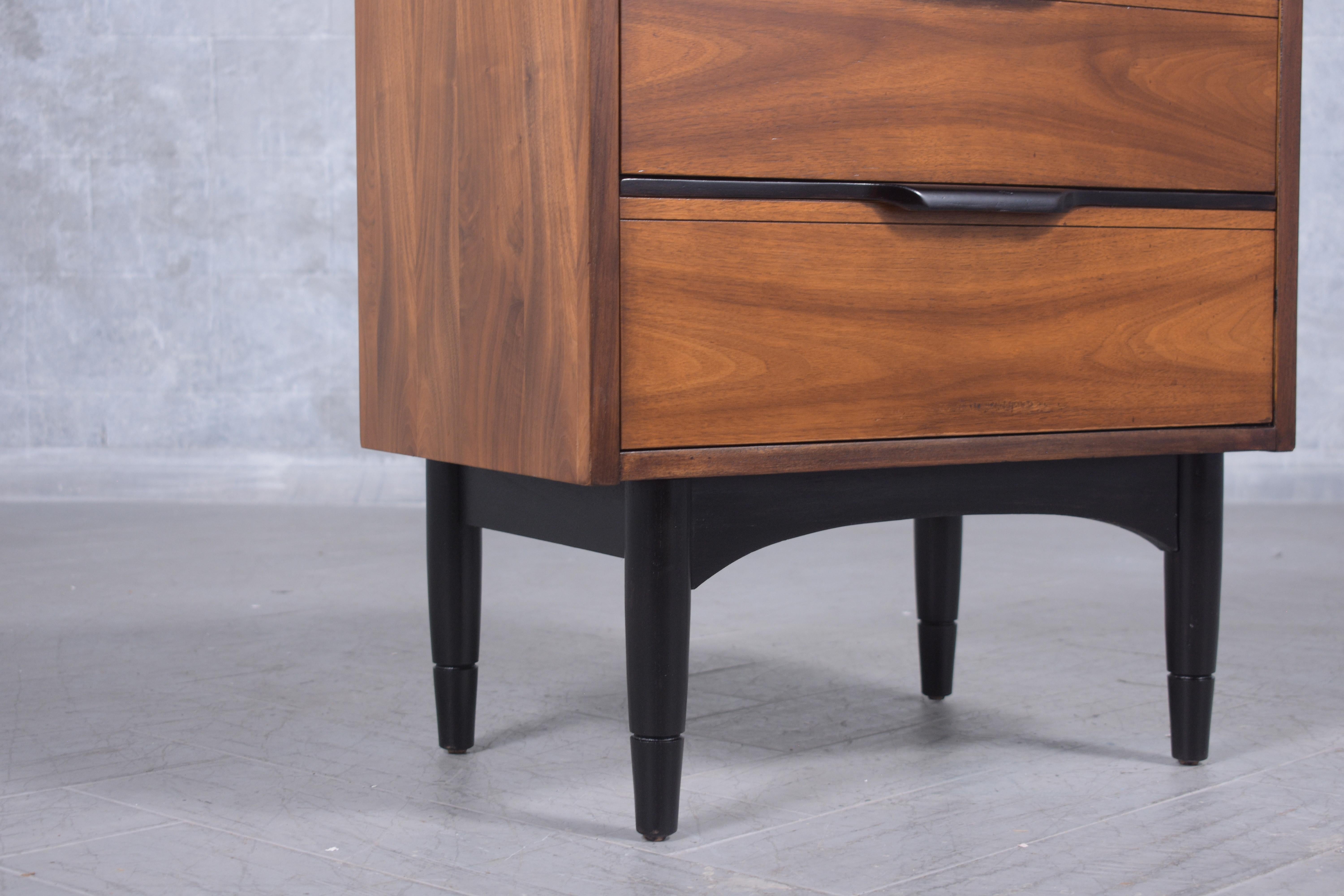 1960s Mid-Century Modern Walnut Nightstand: Ebonized Finish with Carved Details For Sale 4