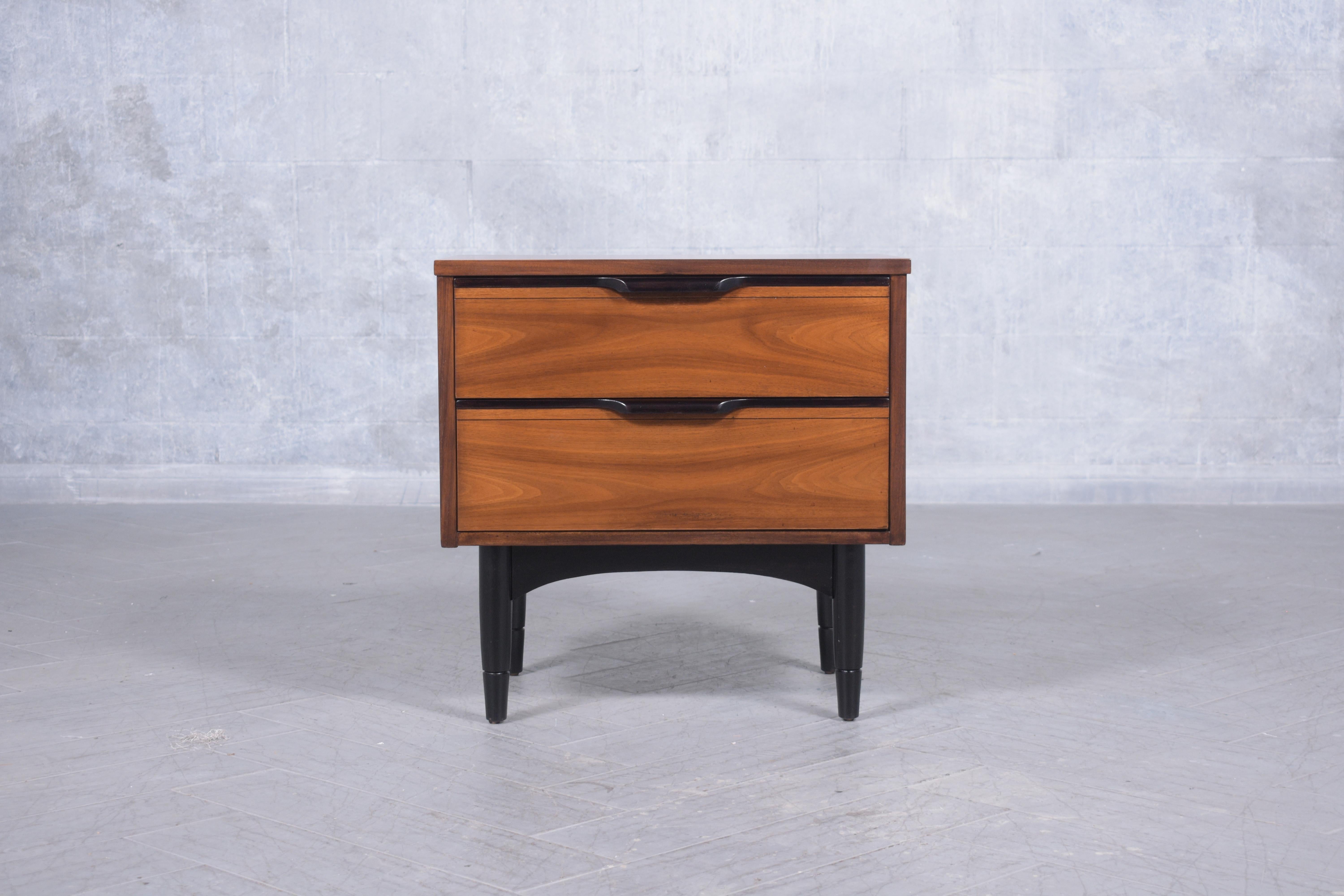 American 1960s Mid-Century Modern Walnut Nightstand: Ebonized Finish with Carved Details For Sale