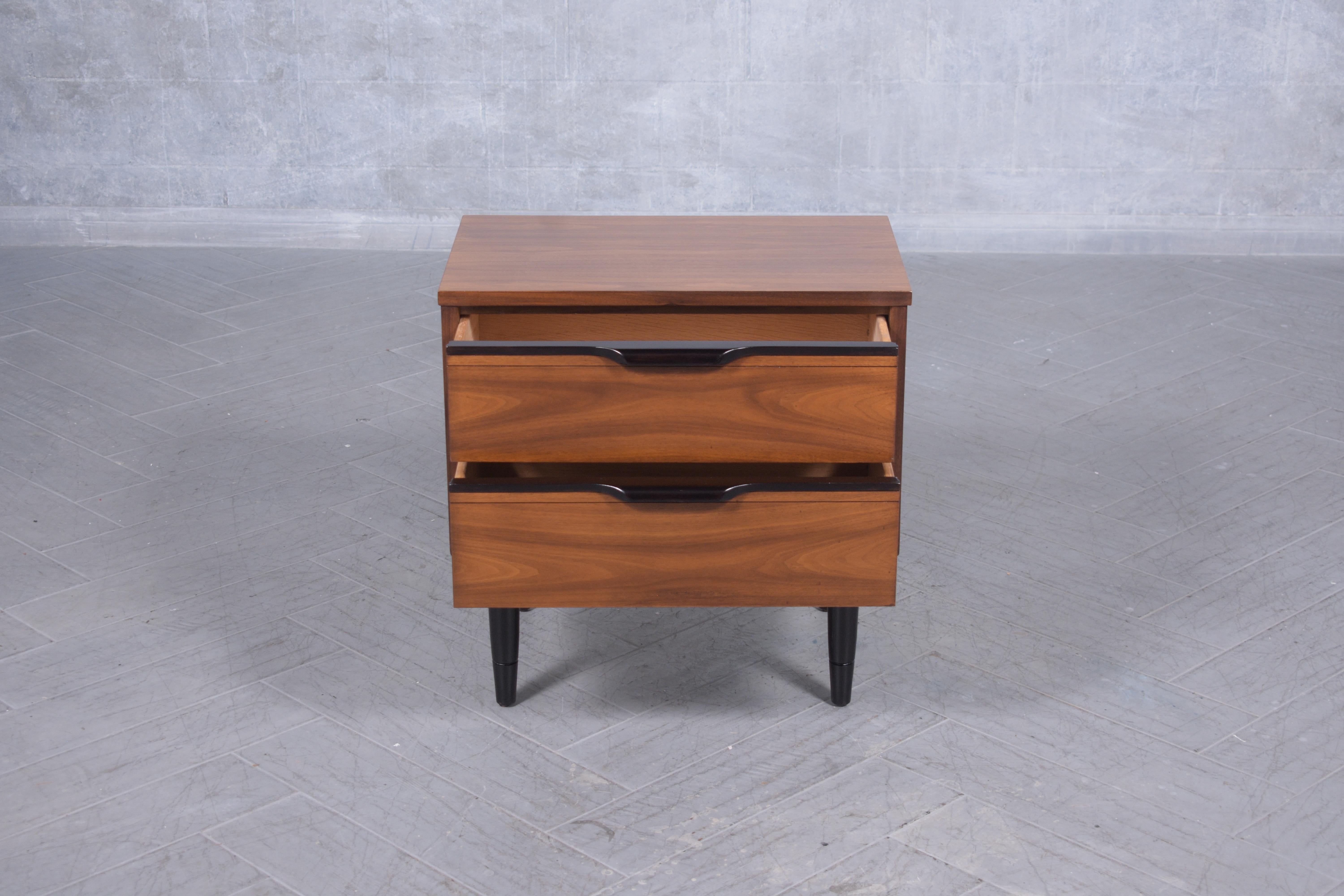 Hand-Crafted 1960s Mid-Century Modern Walnut Nightstand: Ebonized Finish with Carved Details For Sale