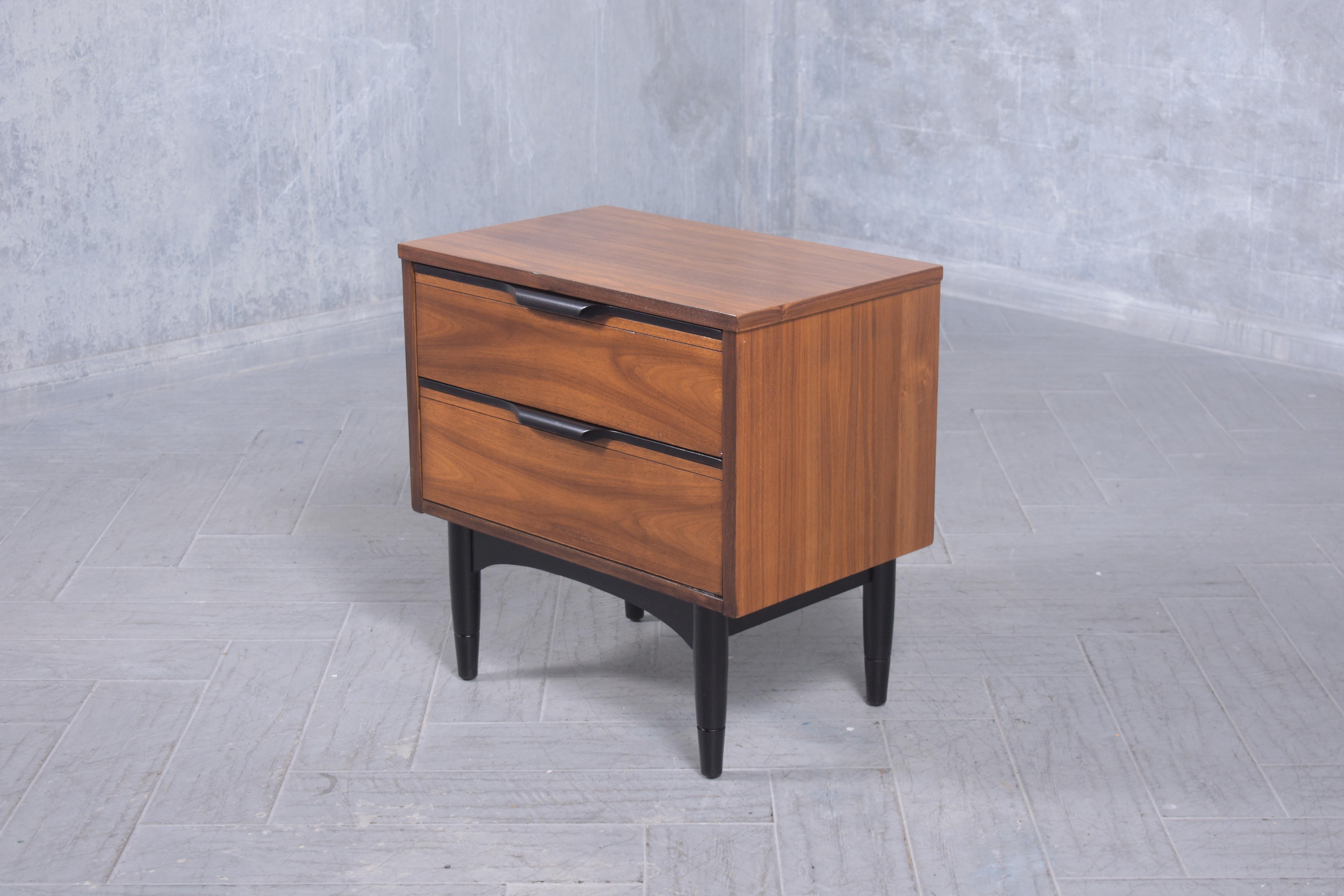 Lacquer 1960s Mid-Century Modern Walnut Nightstand: Ebonized Finish with Carved Details For Sale