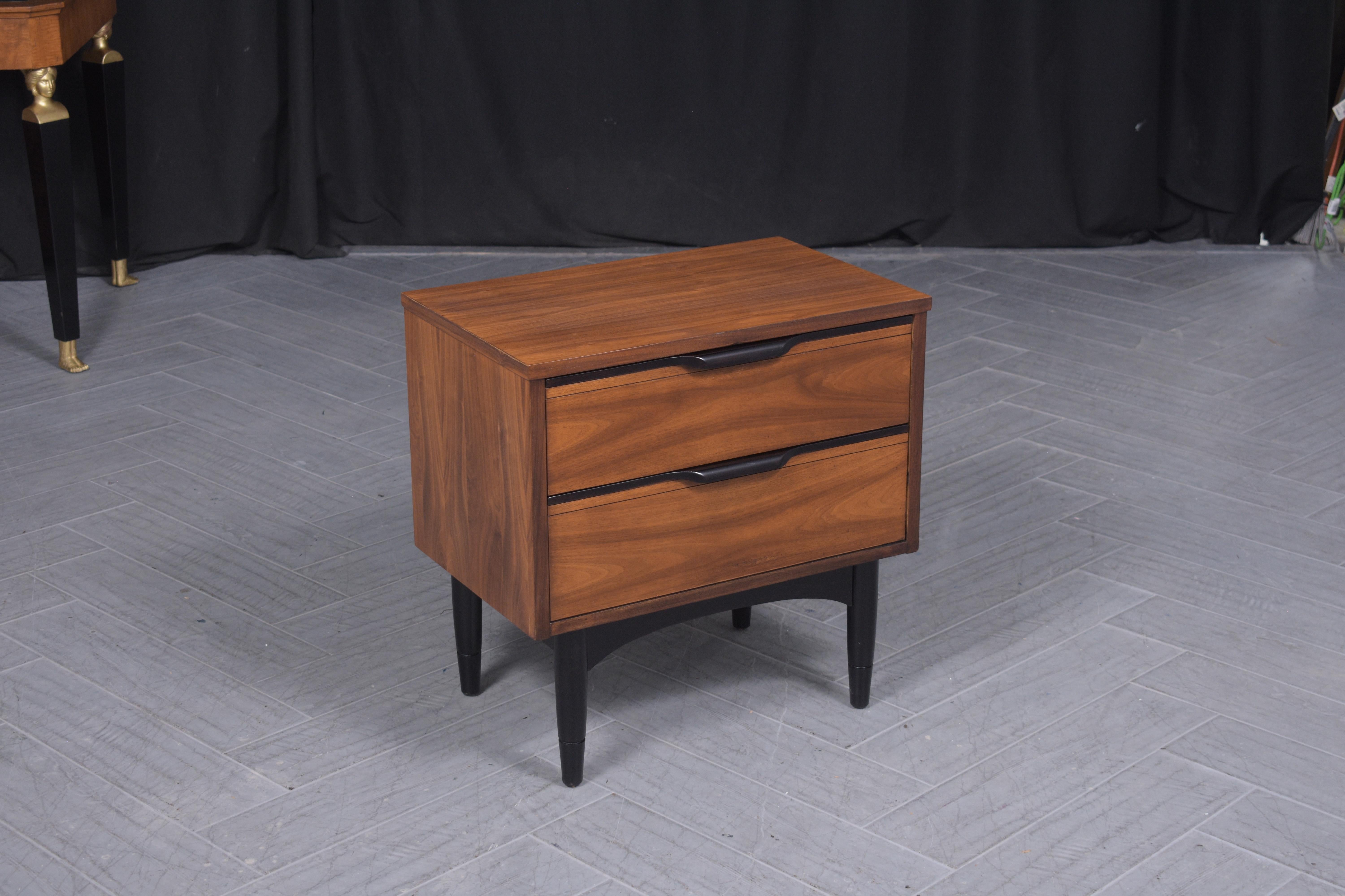 1960s Mid-Century Modern Walnut Nightstand: Ebonized Finish with Carved Details For Sale 1