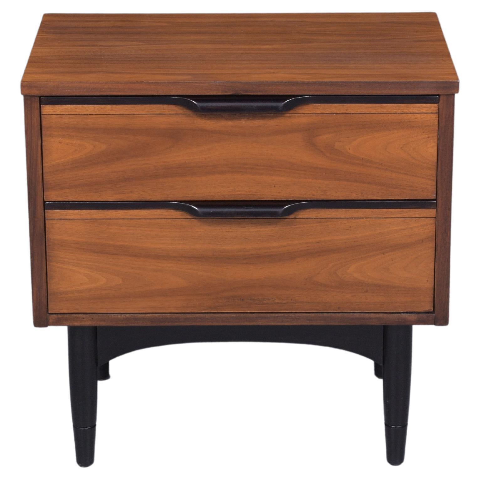 1960s Mid-Century Modern Walnut Nightstand: Ebonized Finish with Carved Details For Sale