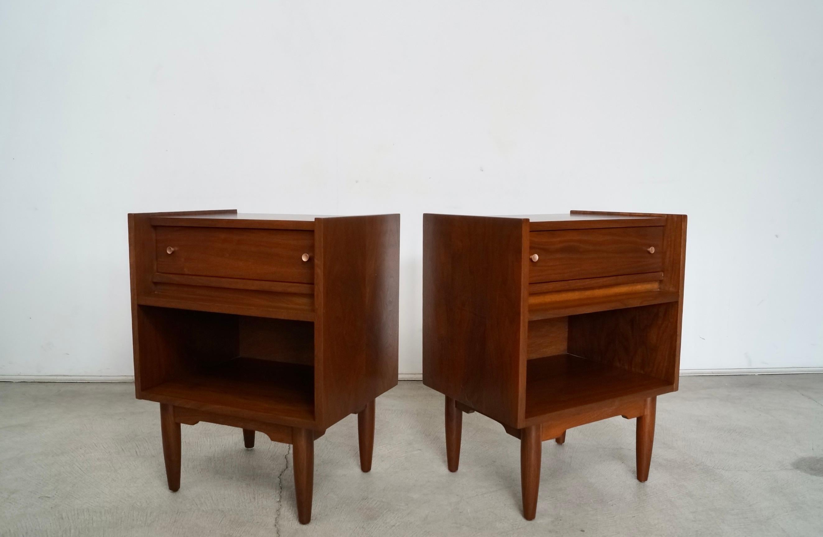 Copper 1960's Mid-Century Modern Walnut Nightstands - a Pair